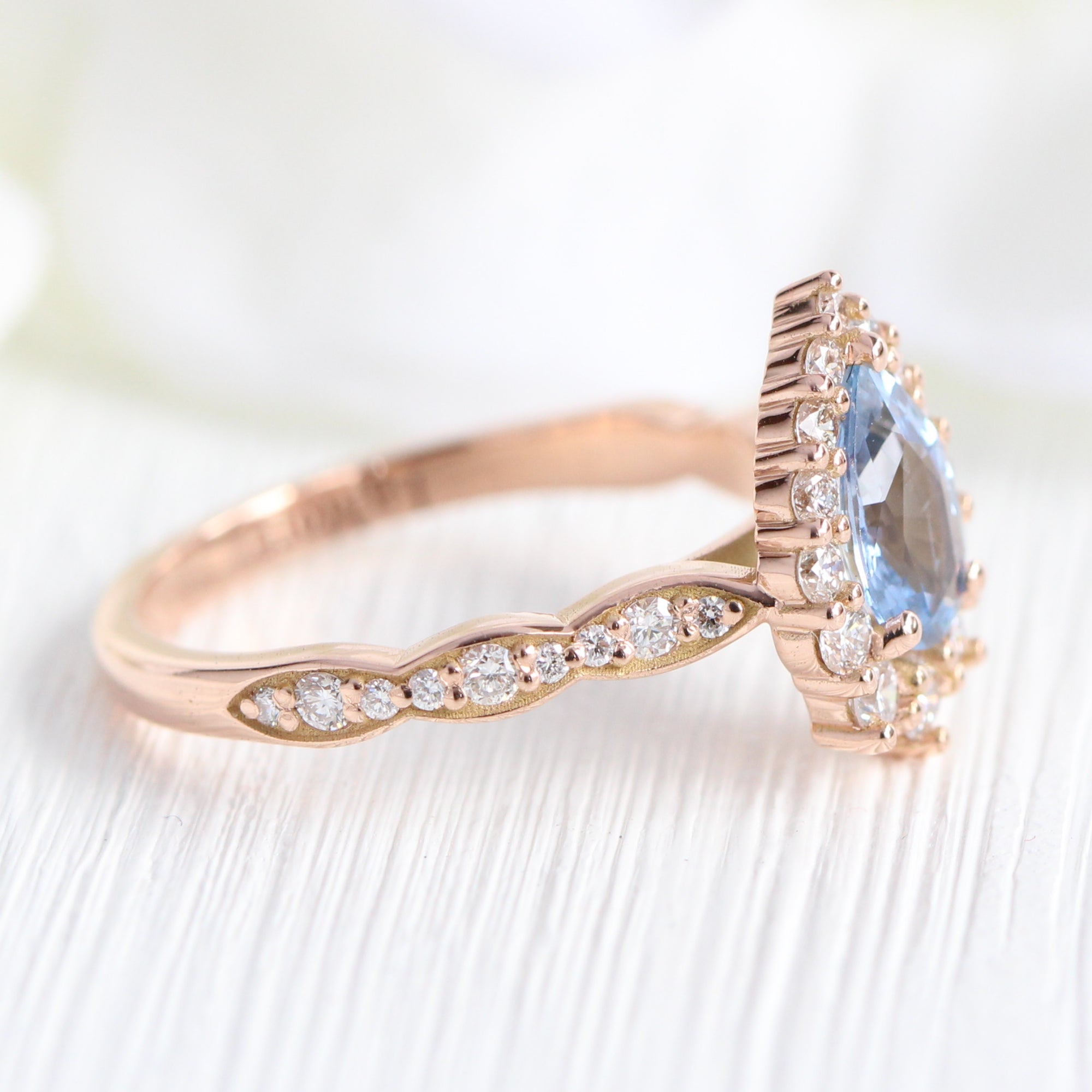 aqua blue sapphire ring rose gold halo diamond pear engagement ring la more design jewelry