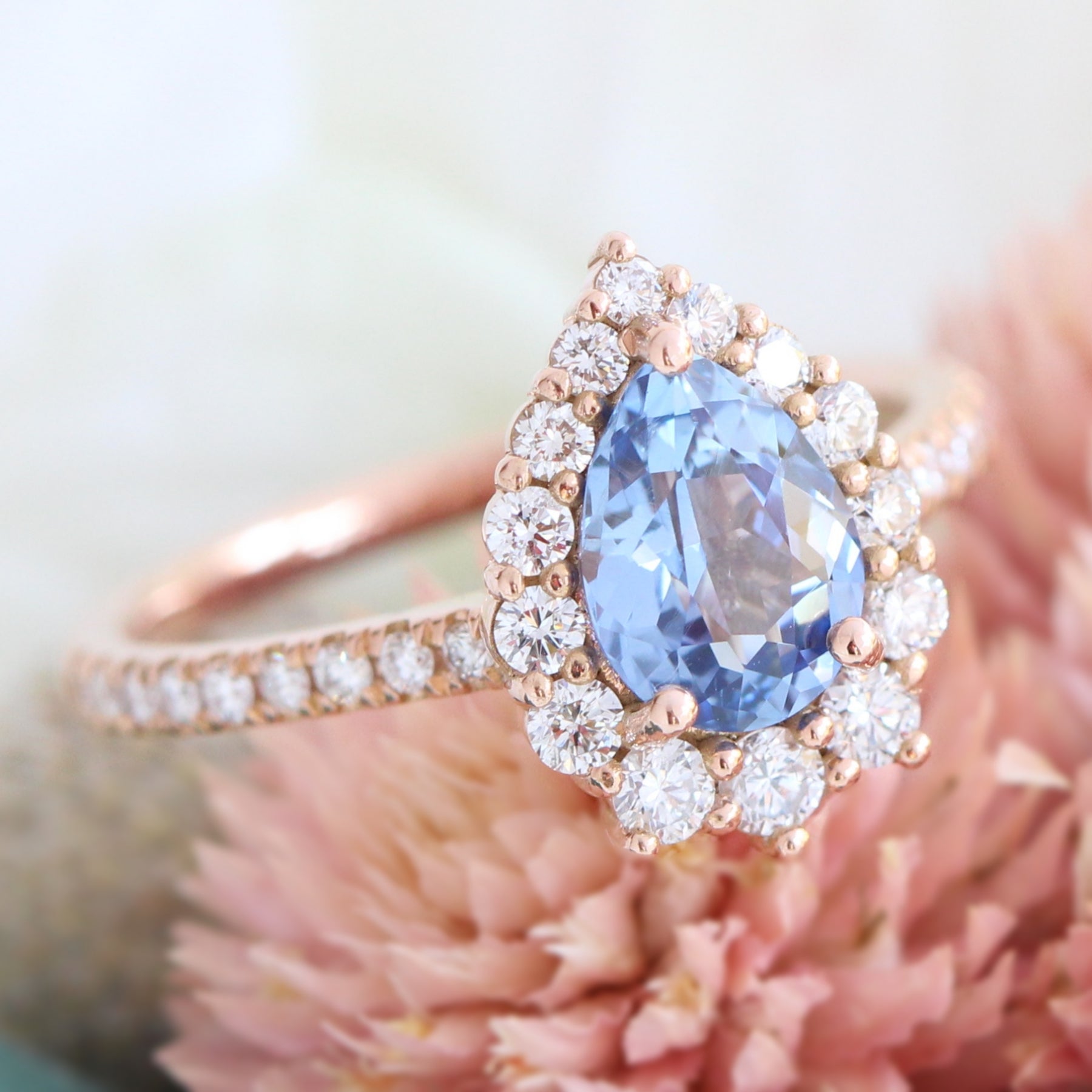 aqua blue sapphire ring rose gold halo diamond pear engagement ring la more design jewelry