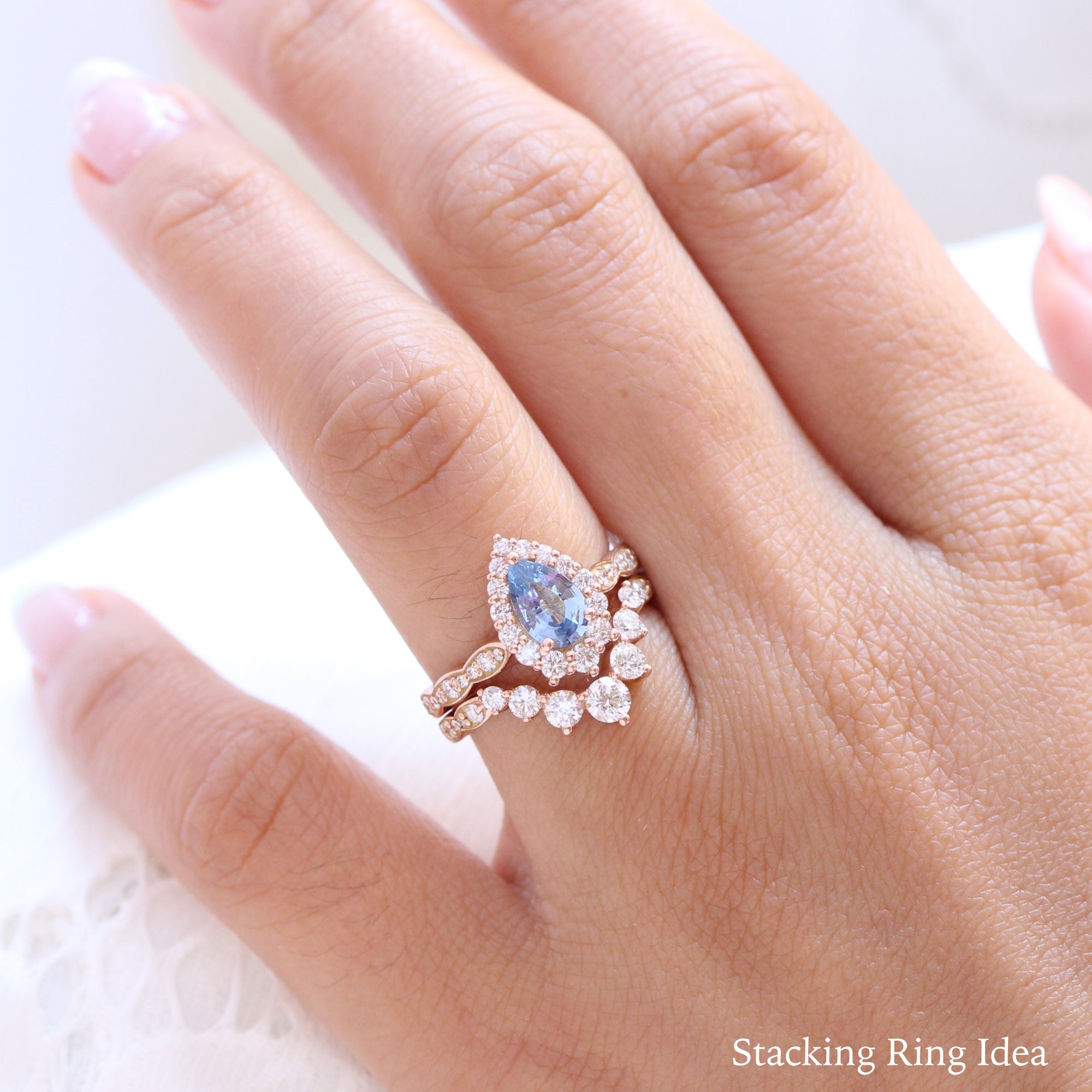 aqua blue sapphire ring rose gold halo diamond pear engagement ring la more design jewelry