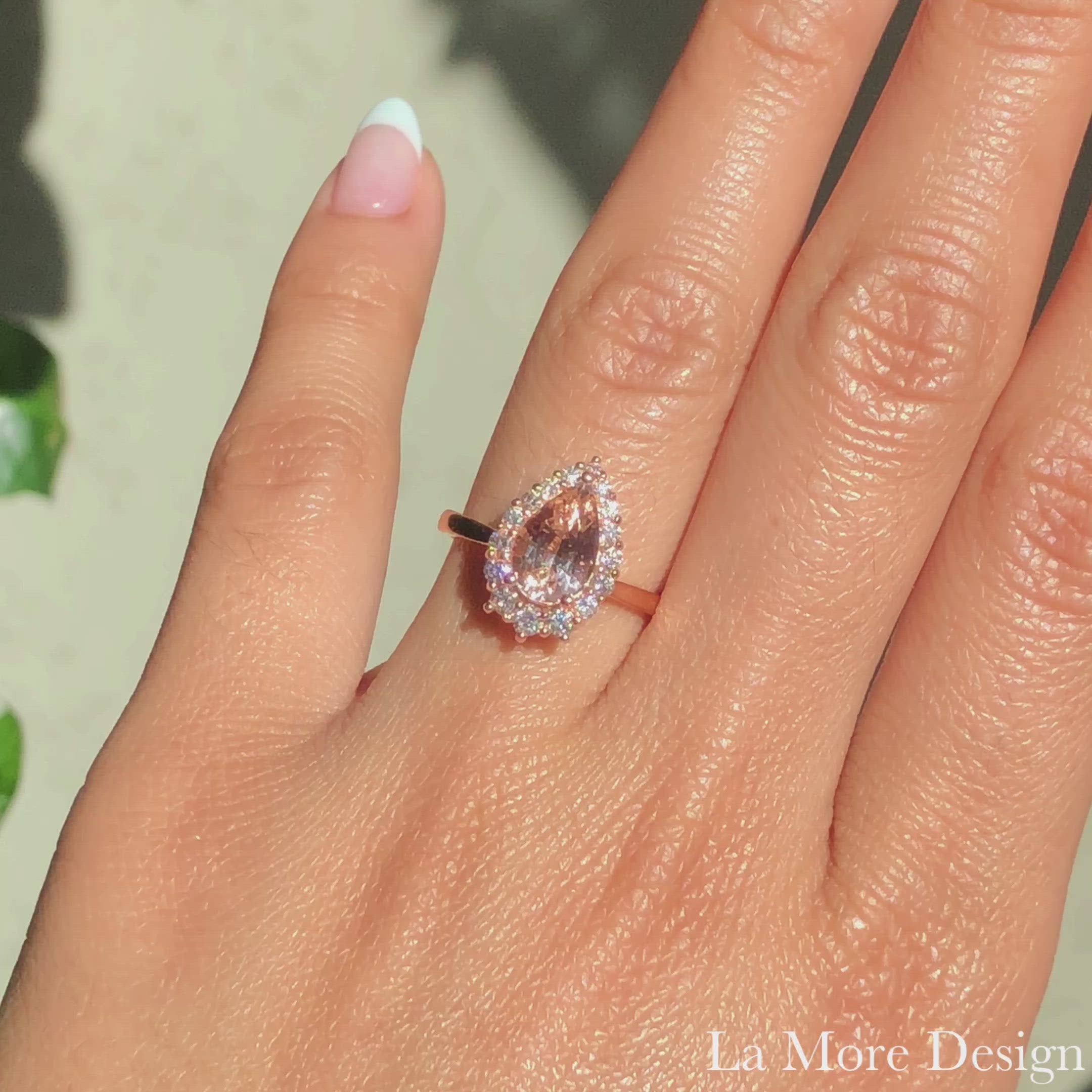 Pear shaped morganite ring with shop diamonds in 14k rose gold