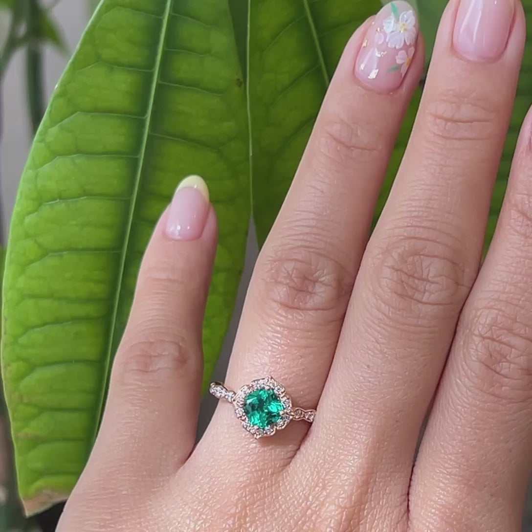 vintage inspired emerald engagement ring in rose gold diamond band by la more design