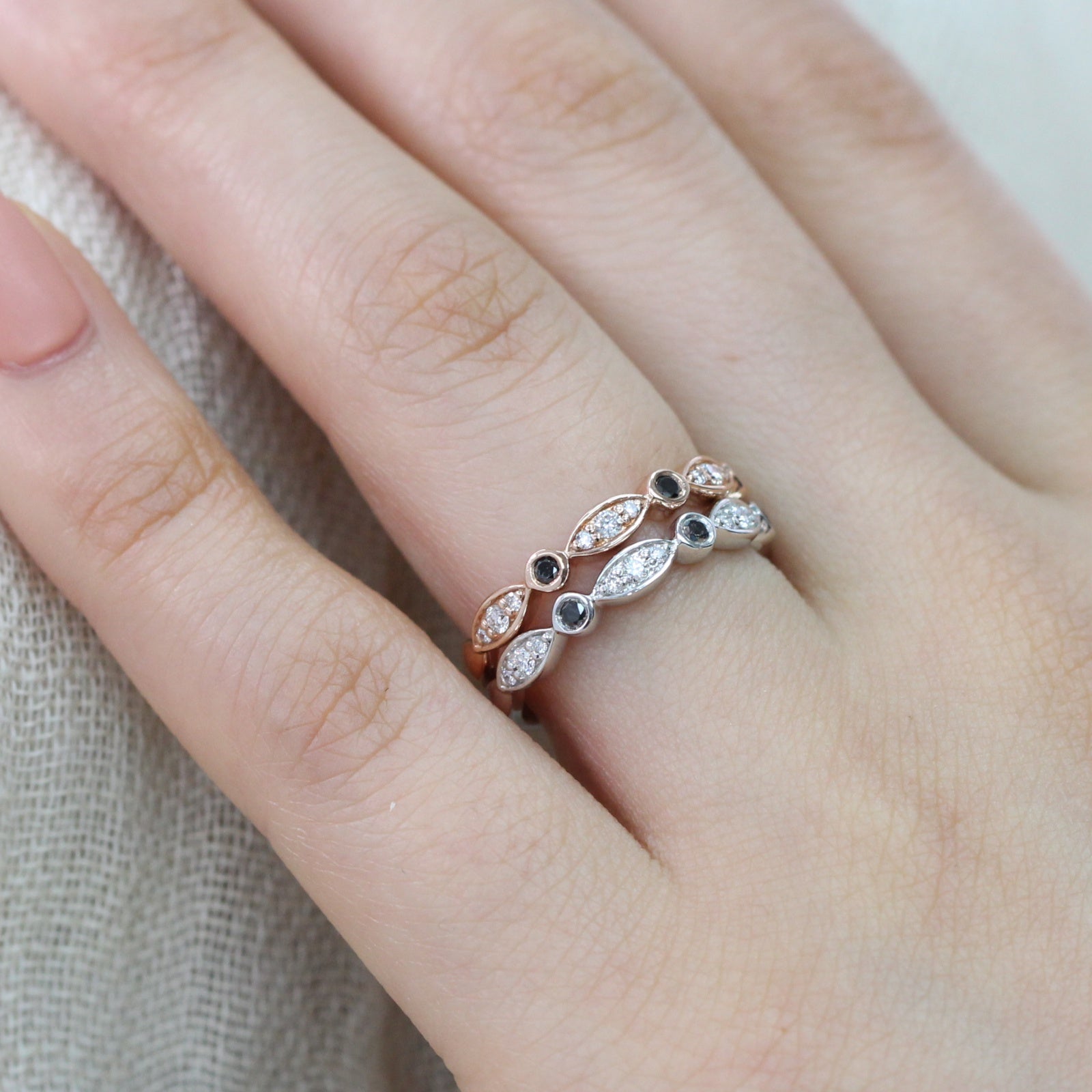 white gold rose gold black and white diamond ring bezel wedding band by la more design