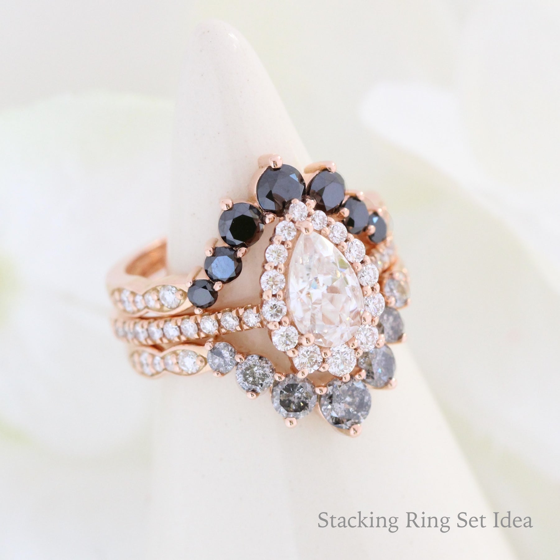 Black and White Diamond Wedding Ring Rose Gold Curved U Shaped