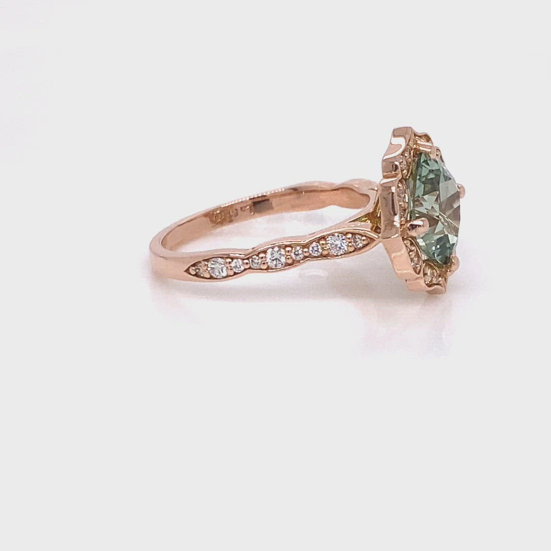 Cushion green sapphire ring rose gold vintage halo diamond ring la more design jewelry