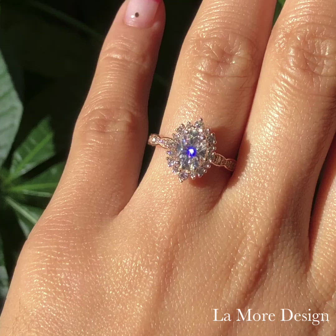 oval moissanite engagement ring rose gold in halo diamond cluster band by la more design jewelry