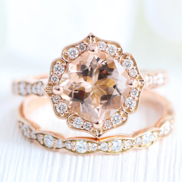 Morganite Engagement Ring in Rose Gold Mini Vintage Floral Diamond Band 14K Yellow Gold / 6.25