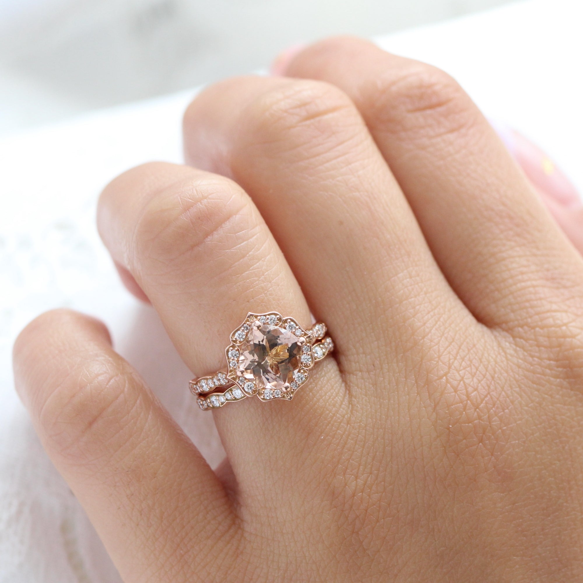 Morganite Engagement Ring in Rose Gold Mini Vintage Floral Diamond Band 14K Yellow Gold / 6.25