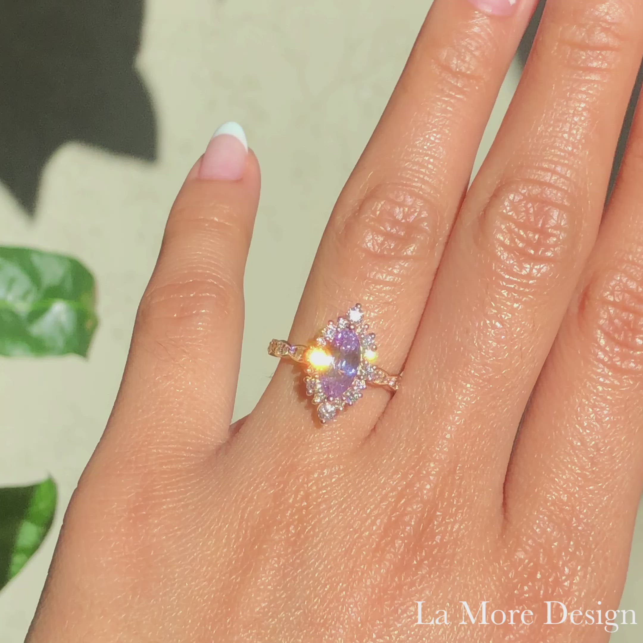 Purple Sapphire Engagement Ring Rose Gold Halo Diamond Marquise