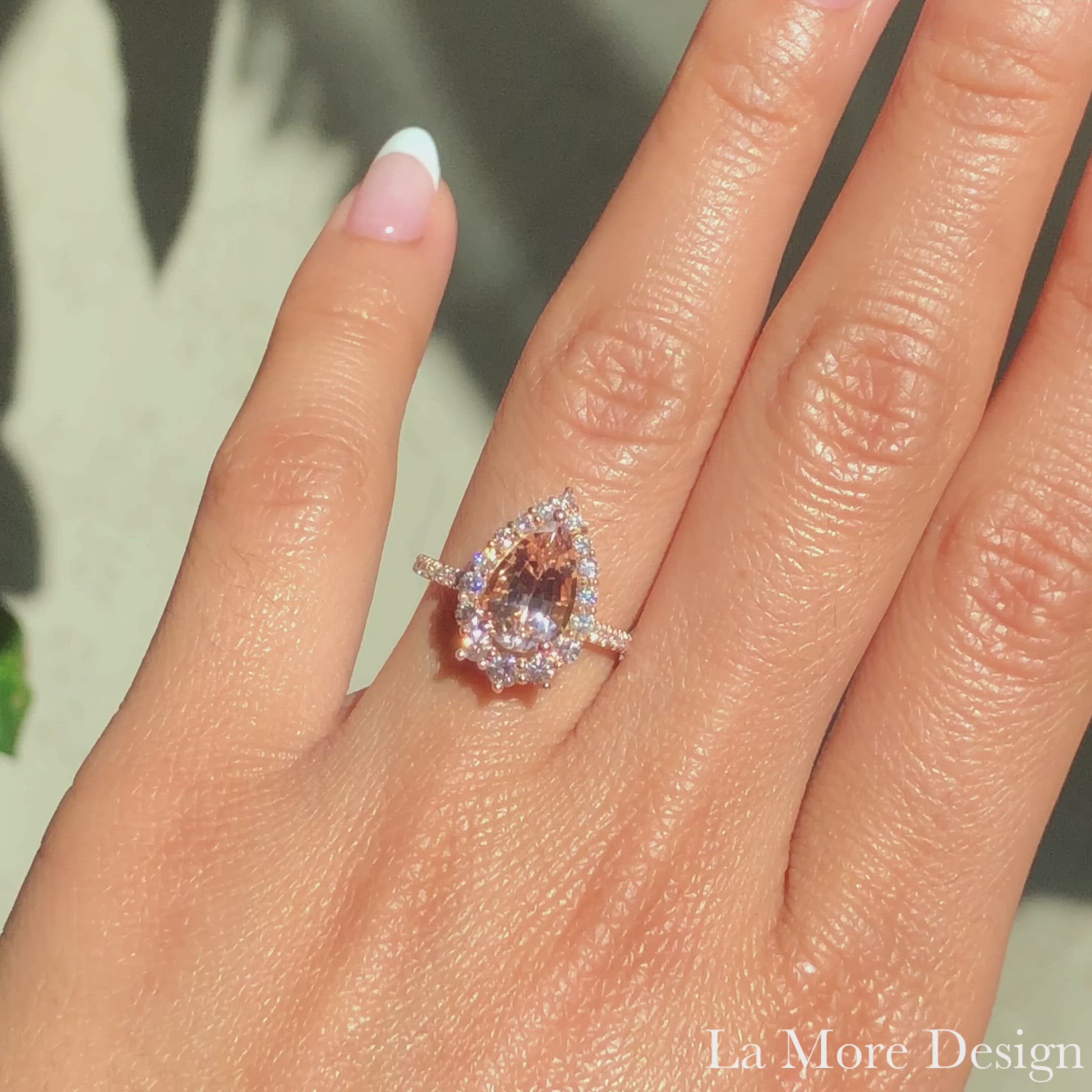 Large Morganite Pear Engagement Ring Rose Gold Halo Diamond