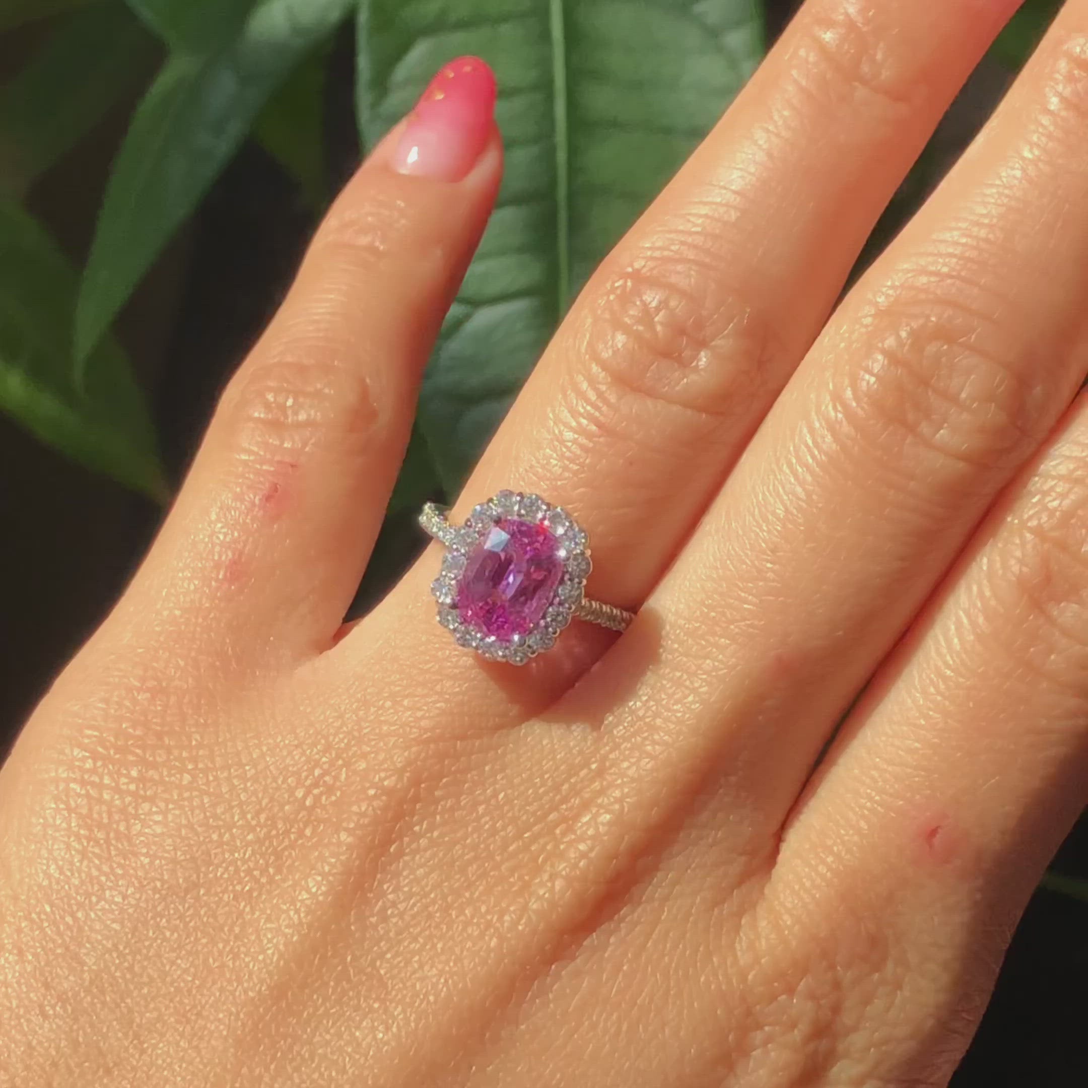 Natural pink sapphire engagement ring in 18k white gold by la more design