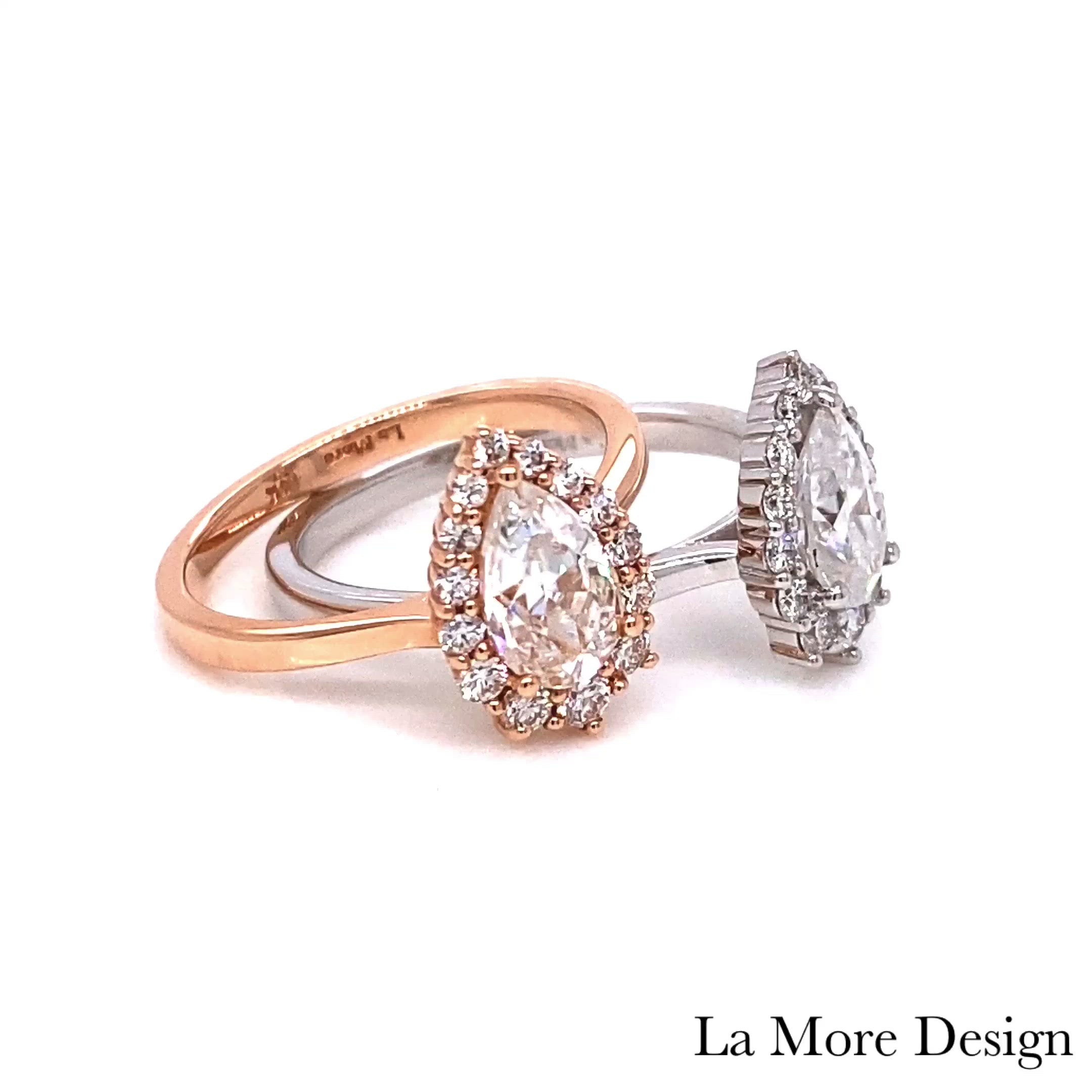 Artfully handcrafted rose gold and white gold halo engagement rings feature a 8x5mm pear cut forever one moissanite set in our Tiara Halo Diamond ring setting. The petite band gently tapers toward the moissanite center surrounded by brilliant white diamonds, creating a gorgeous feminine curve. This halo diamond moissanite ring is perfect for brides looking for a delicate yet unique tapered engagement ring. This pear shaped ring can be made in your choice of platinum or 14k or 18k yellow, rose or white gold.