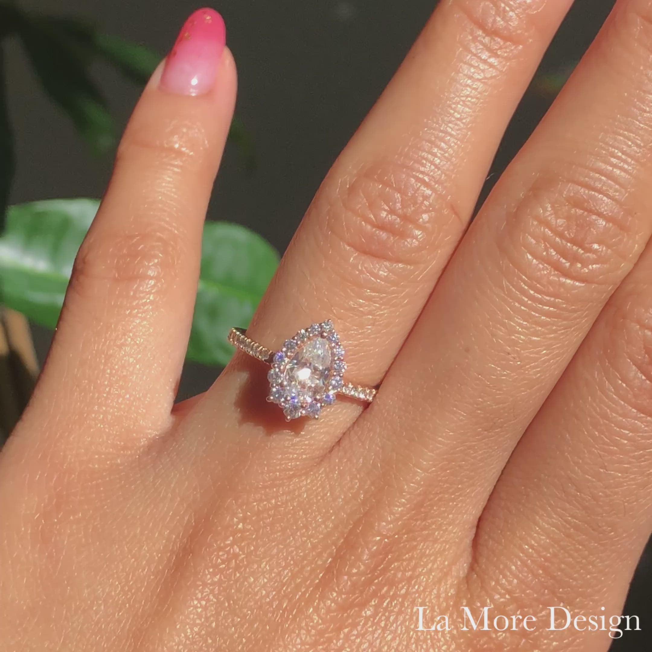 Pear moissanite engagement ring rose gold halo diamond bridal set and contour diamond wedding band by la more design jewelry