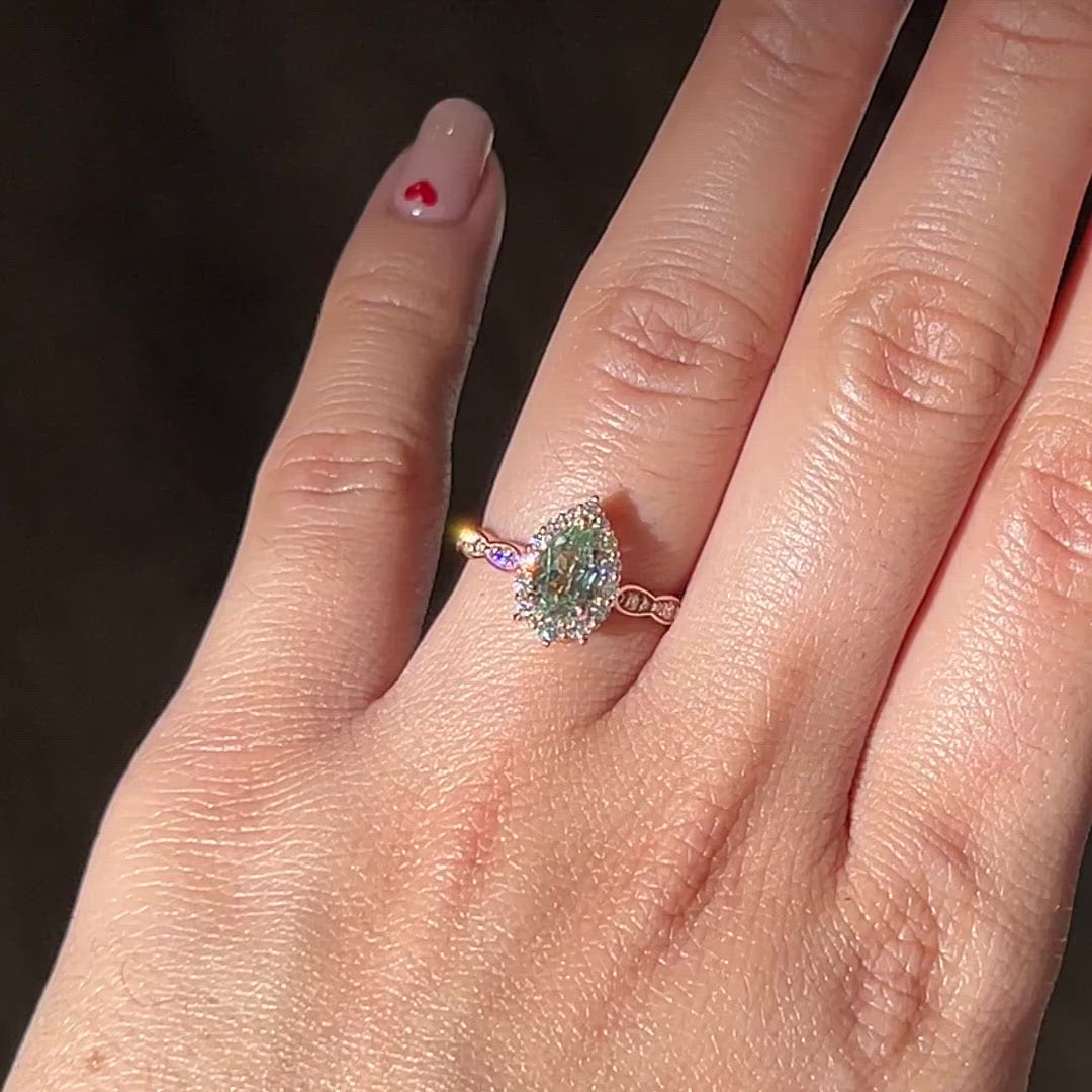 Pear green sapphire engagement ring rose gold halo diamond ring la more design jewelry