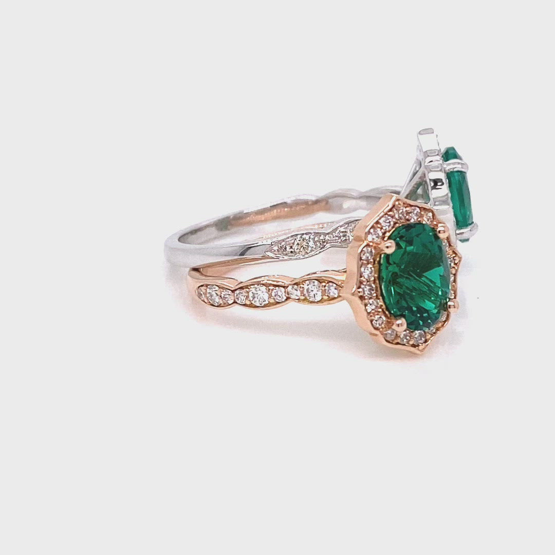 vintage inspired emerald engagement ring in rose gold diamond scalloped band by la more design jewelry