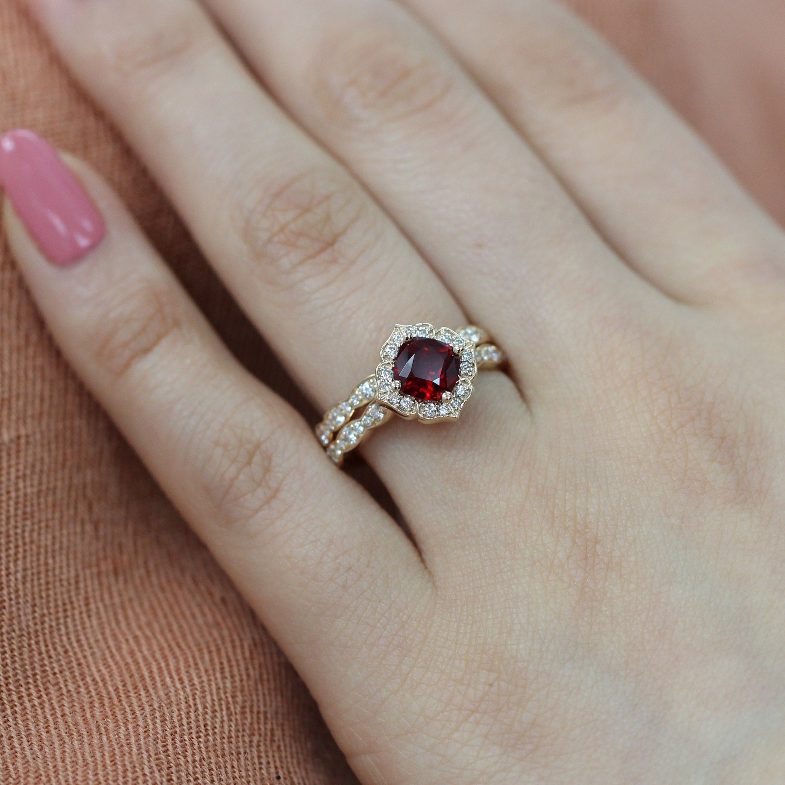 Cushion Ruby and Diamond Ring in Mini Vintage Floral Scalloped Band