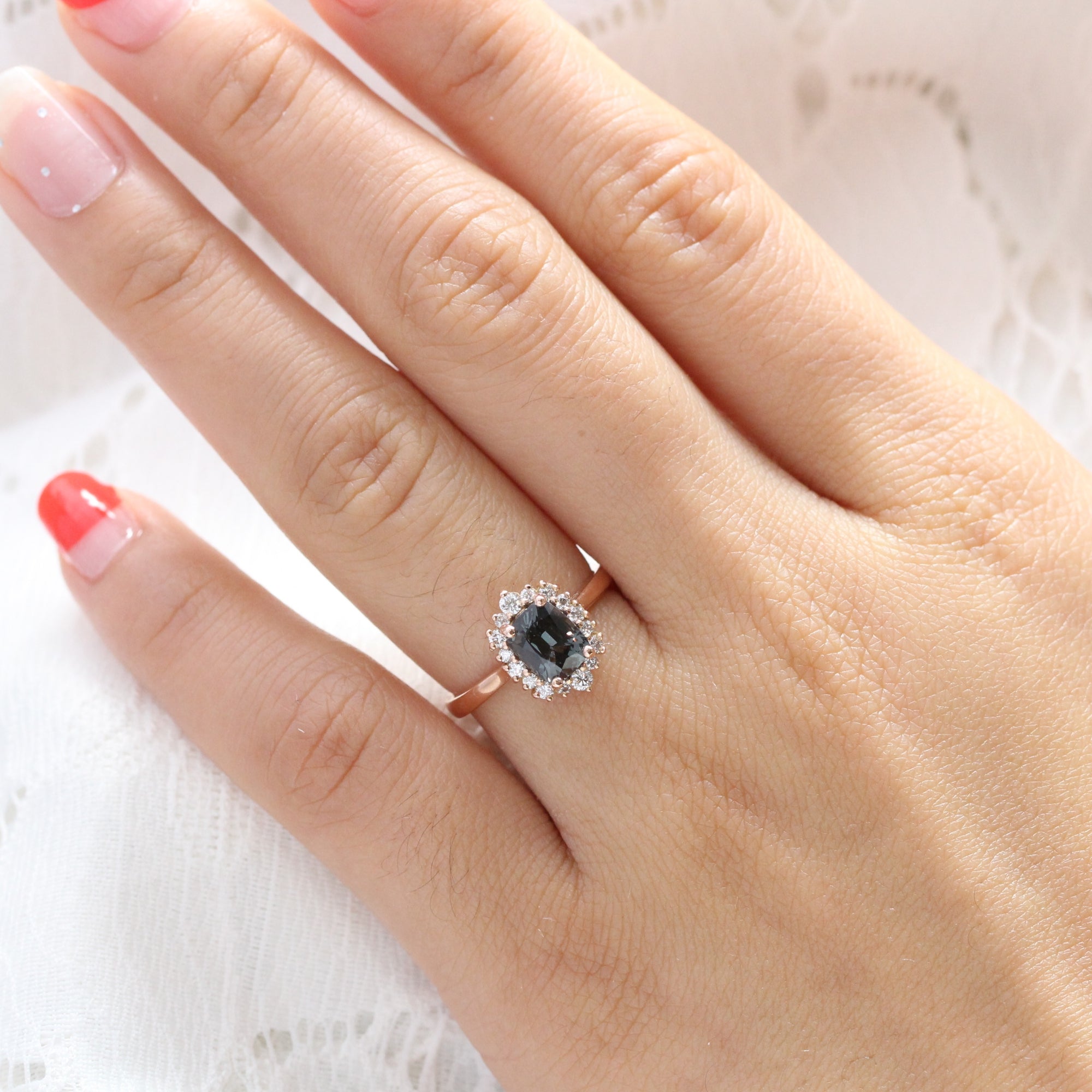 grey spinel ring rose gold cushion salt and pepper diamond ring halo engagement ring la more design jewelry