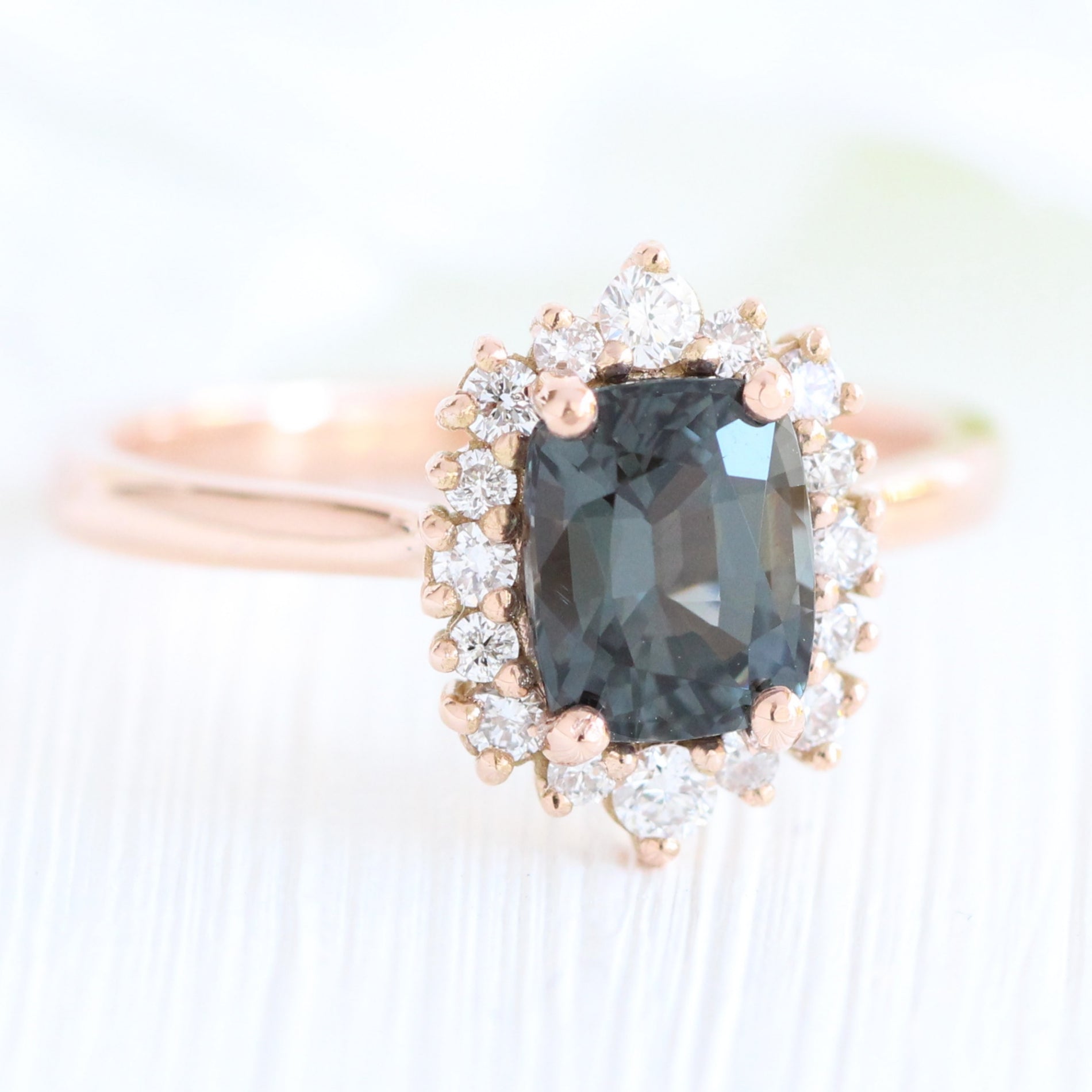 grey spinel ring rose gold cushion salt and pepper diamond ring halo engagement ring la more design jewelry