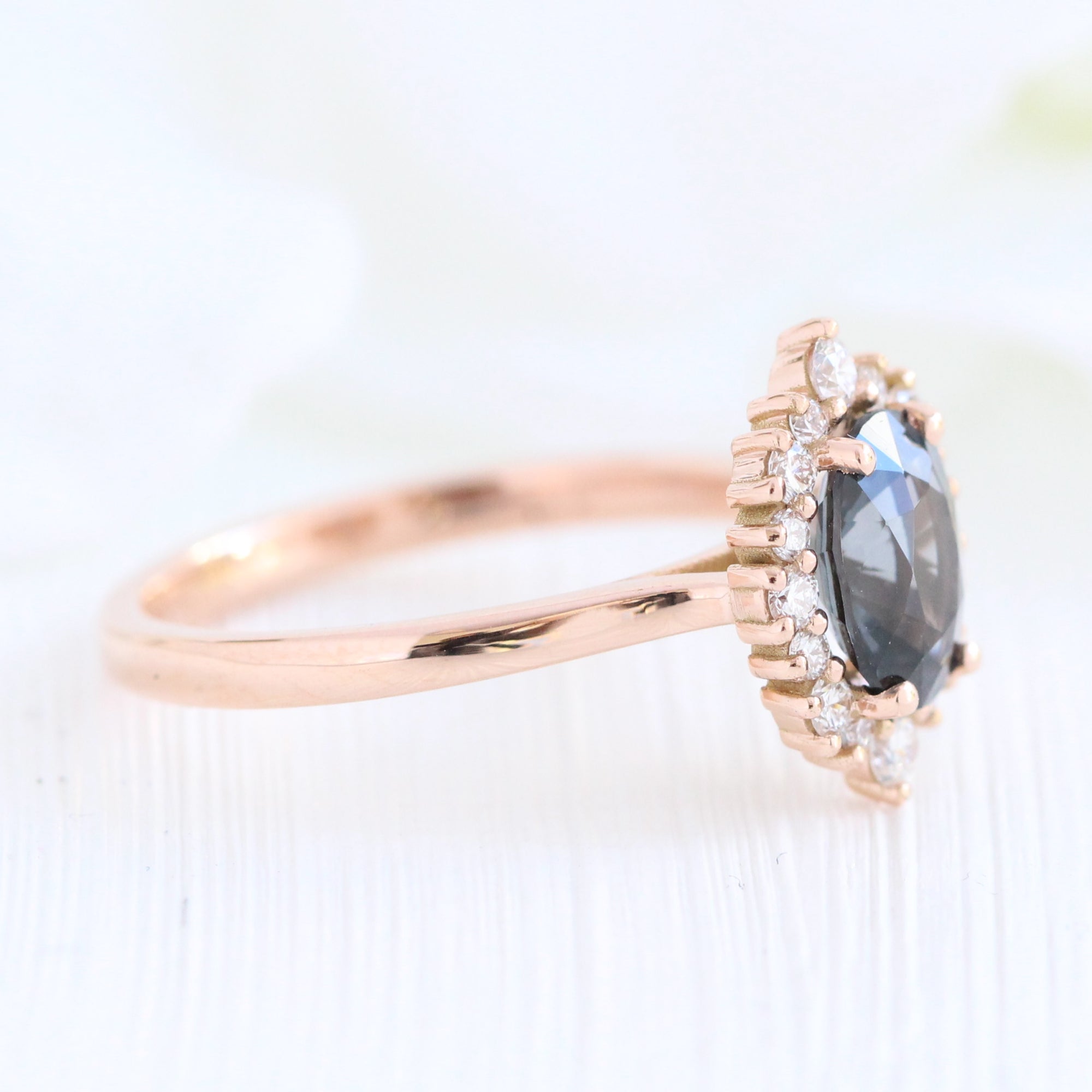 grey spinel ring rose gold oval cut salt and pepper diamond ring halo engagement ring la more design jewelry