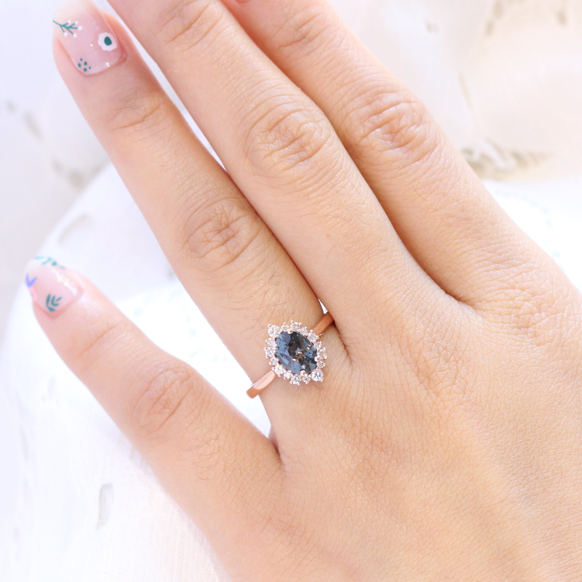 grey spinel ring rose gold oval cut salt and pepper diamond ring halo engagement ring la more design jewelry