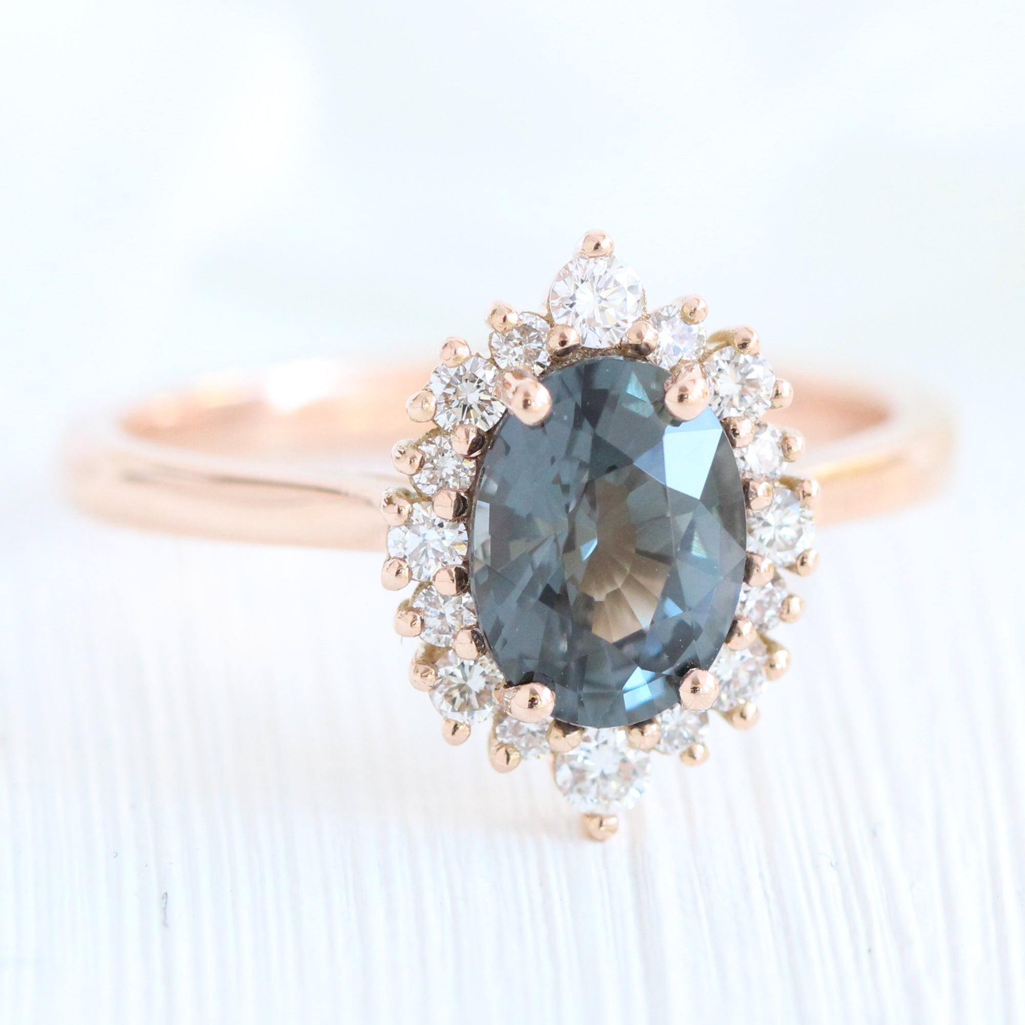 grey spinel ring rose gold oval cut salt and pepper diamond ring halo engagement ring la more design jewelry