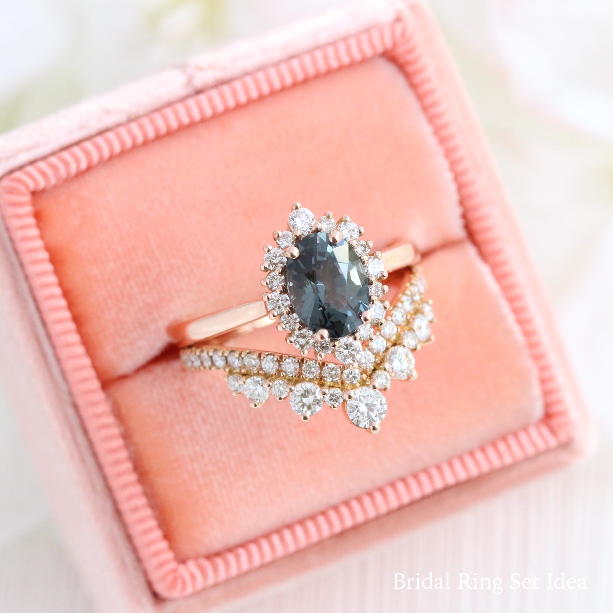 grey spinel ring rose gold oval salt and pepper diamond ring halo engagement ring bridal set la more design jewelry