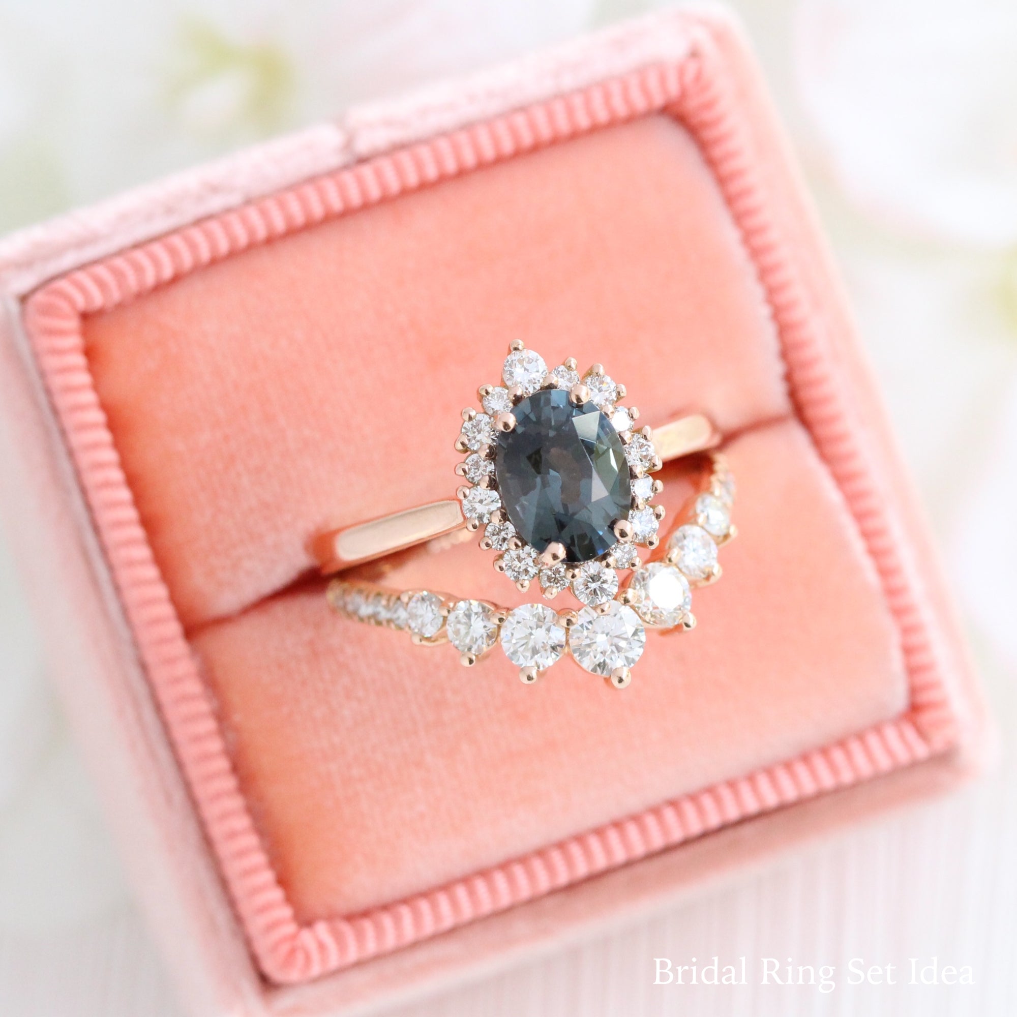 grey spinel ring rose gold oval salt and pepper diamond ring halo engagement ring bridal set la more design jewelry