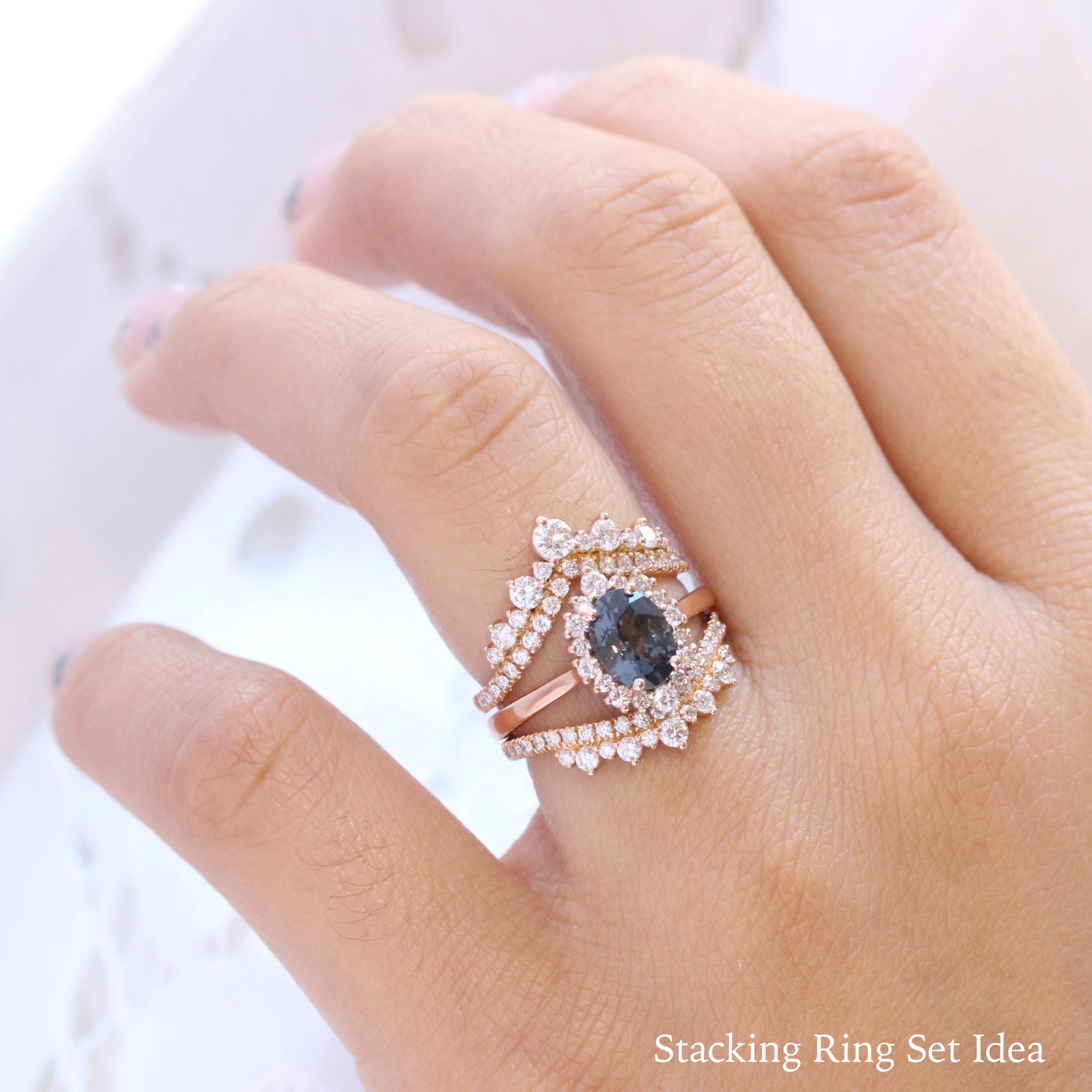 grey spinel ring rose gold oval salt and pepper diamond ring halo engagement ring bridal set la more design jewelry