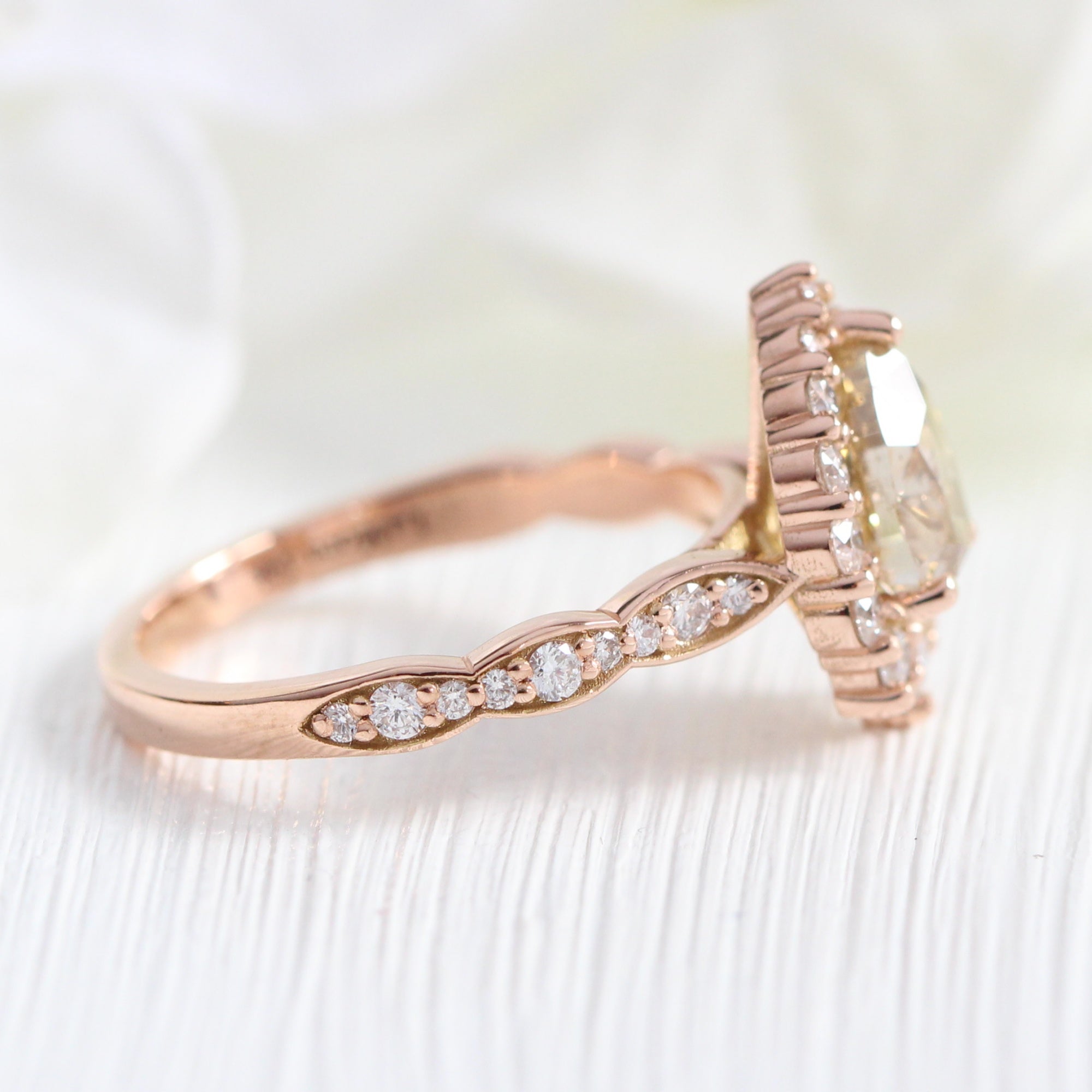 halo champagne diamond ring rose gold pear engagement ring la more design jewelry