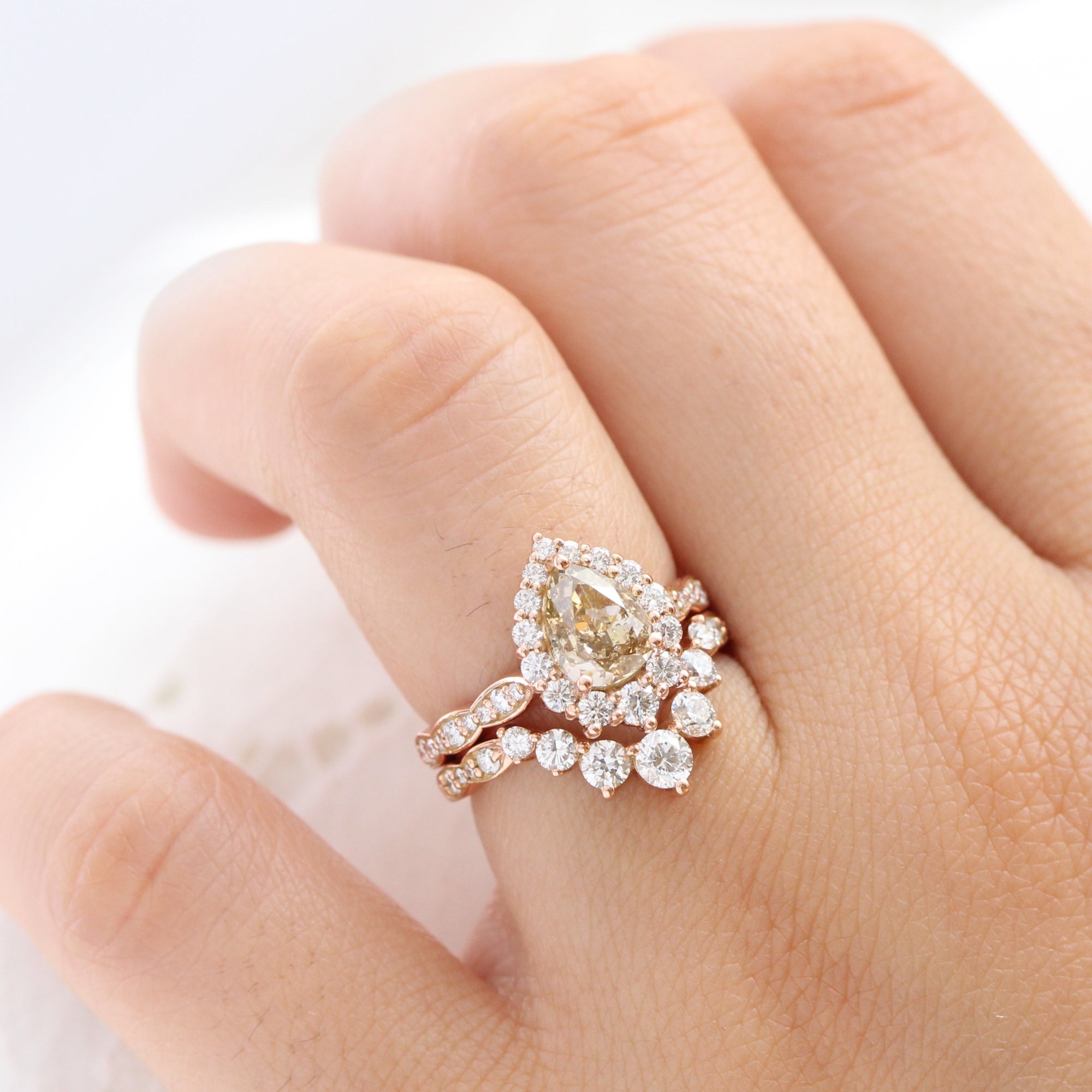 halo champagne diamond ring rose gold pear engagement ring la more design jewelry