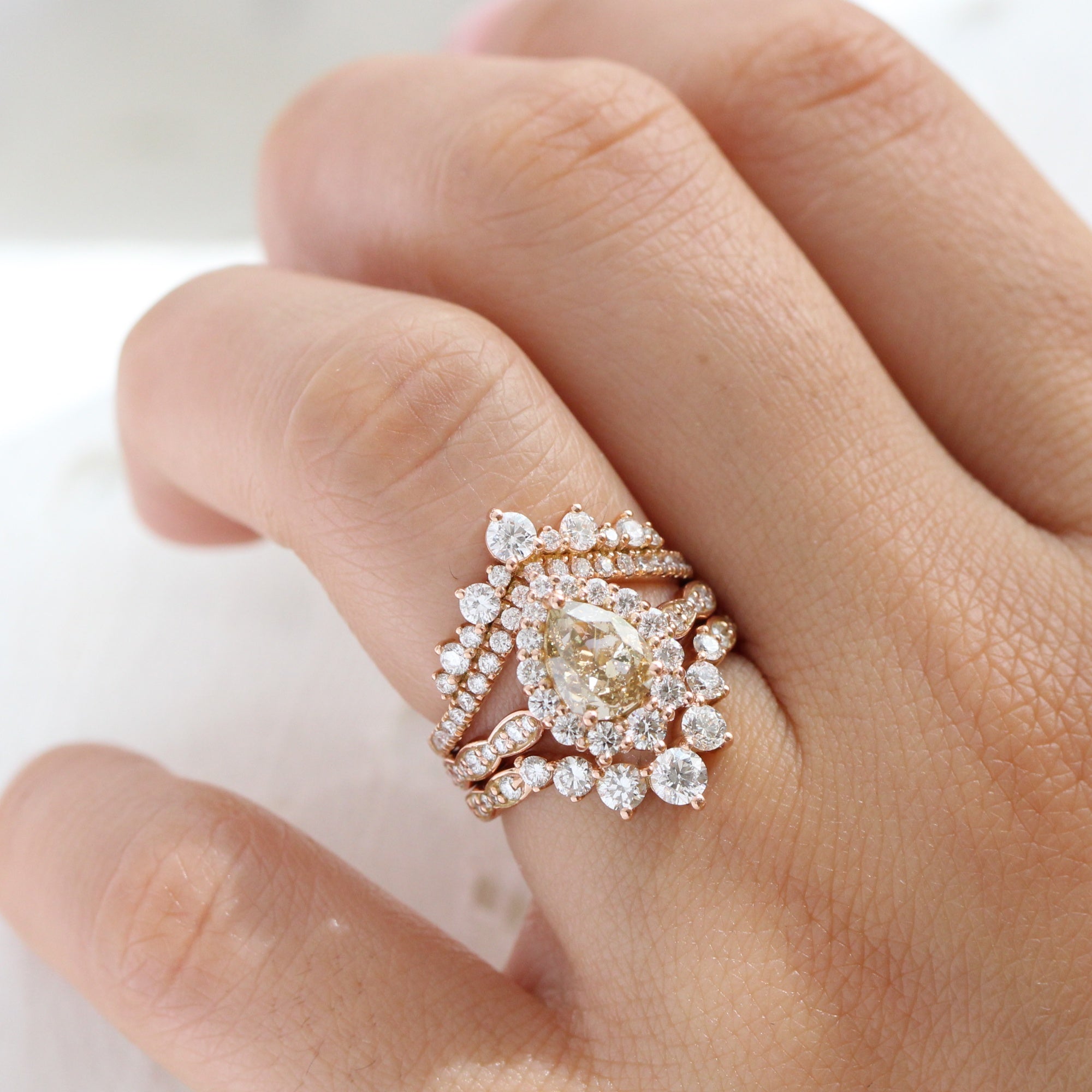 halo champagne diamond ring rose gold pear engagement ring la more design jewelry