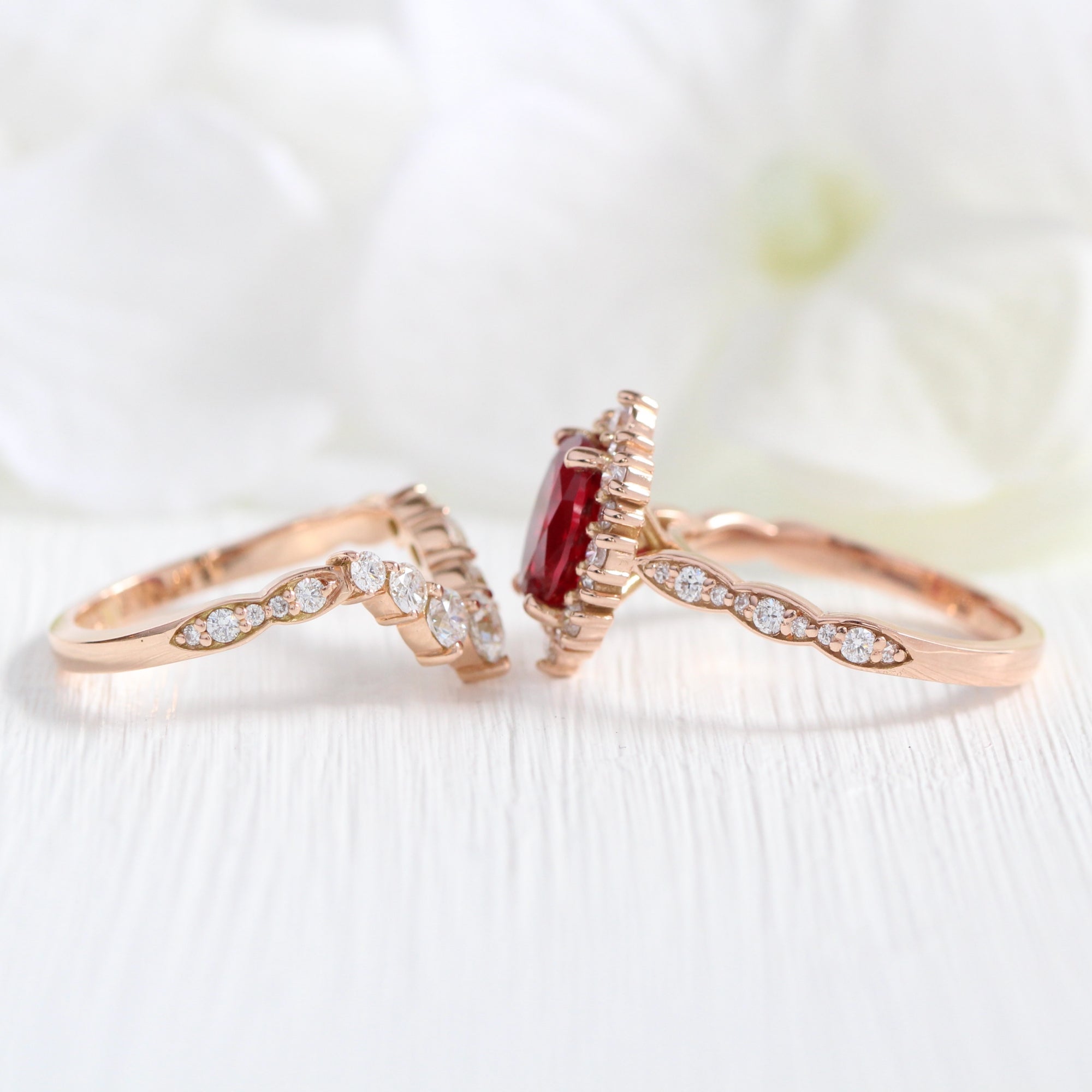 halo diamond large oval ruby ring stack rose gold deep curved wedding band la more design jewelry