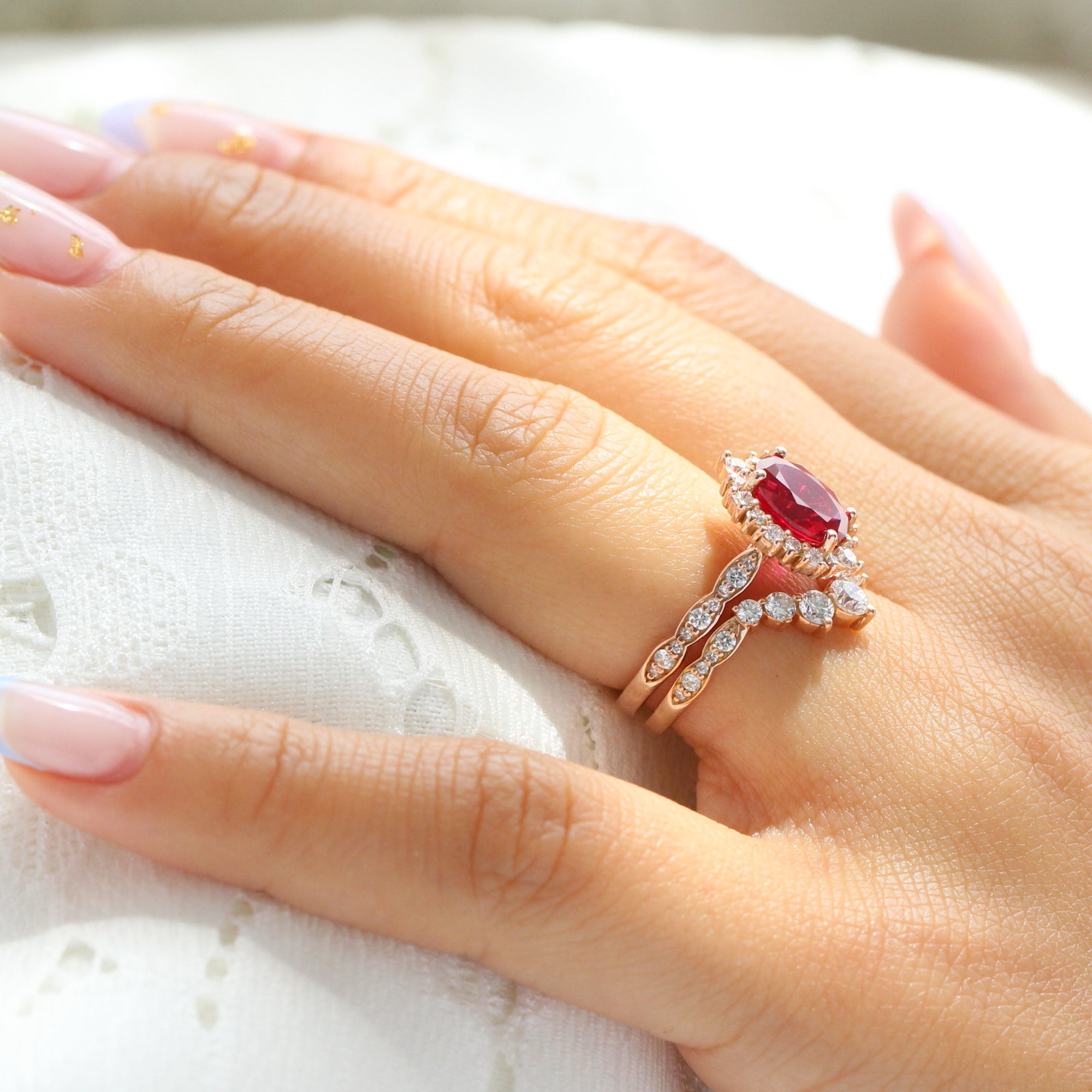 halo diamond large oval ruby ring stack rose gold deep curved wedding band la more design jewelry