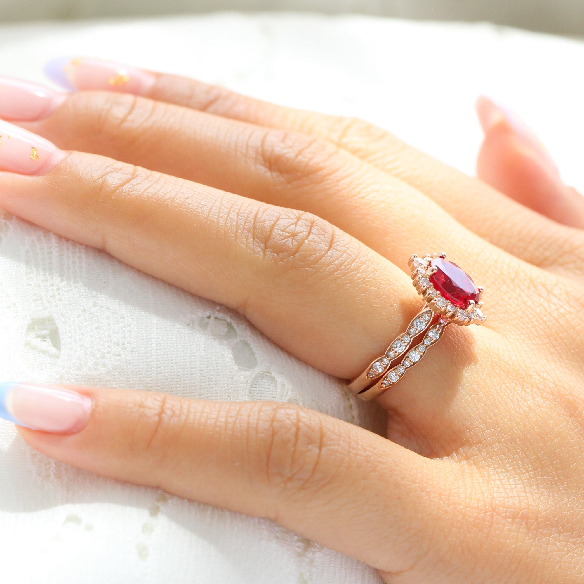 halo diamond large oval ruby ring stack rose gold eternity wedding band la more design jewelry