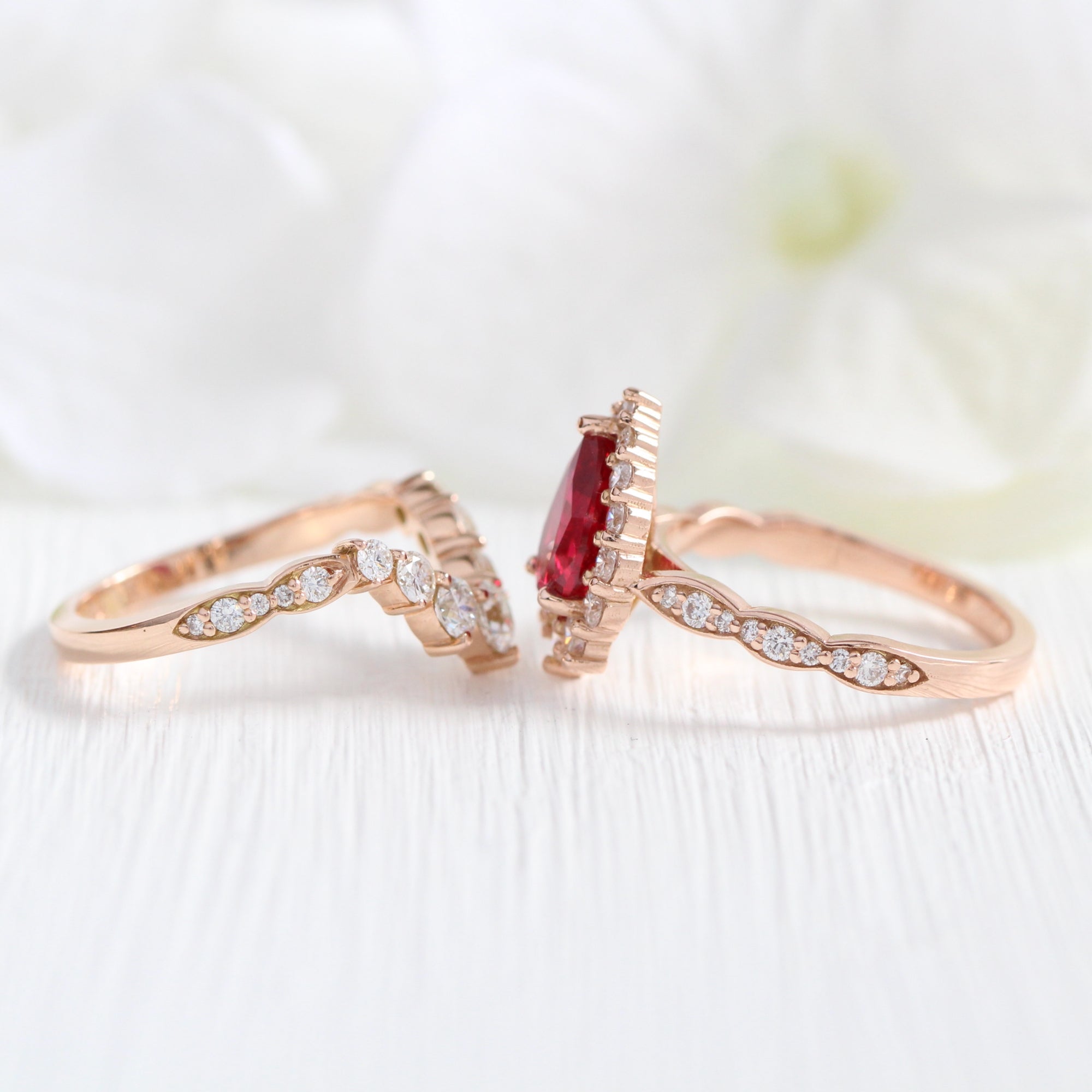 halo diamond large pear ruby ring stack rose gold deep curved wedding band la more design jewelry