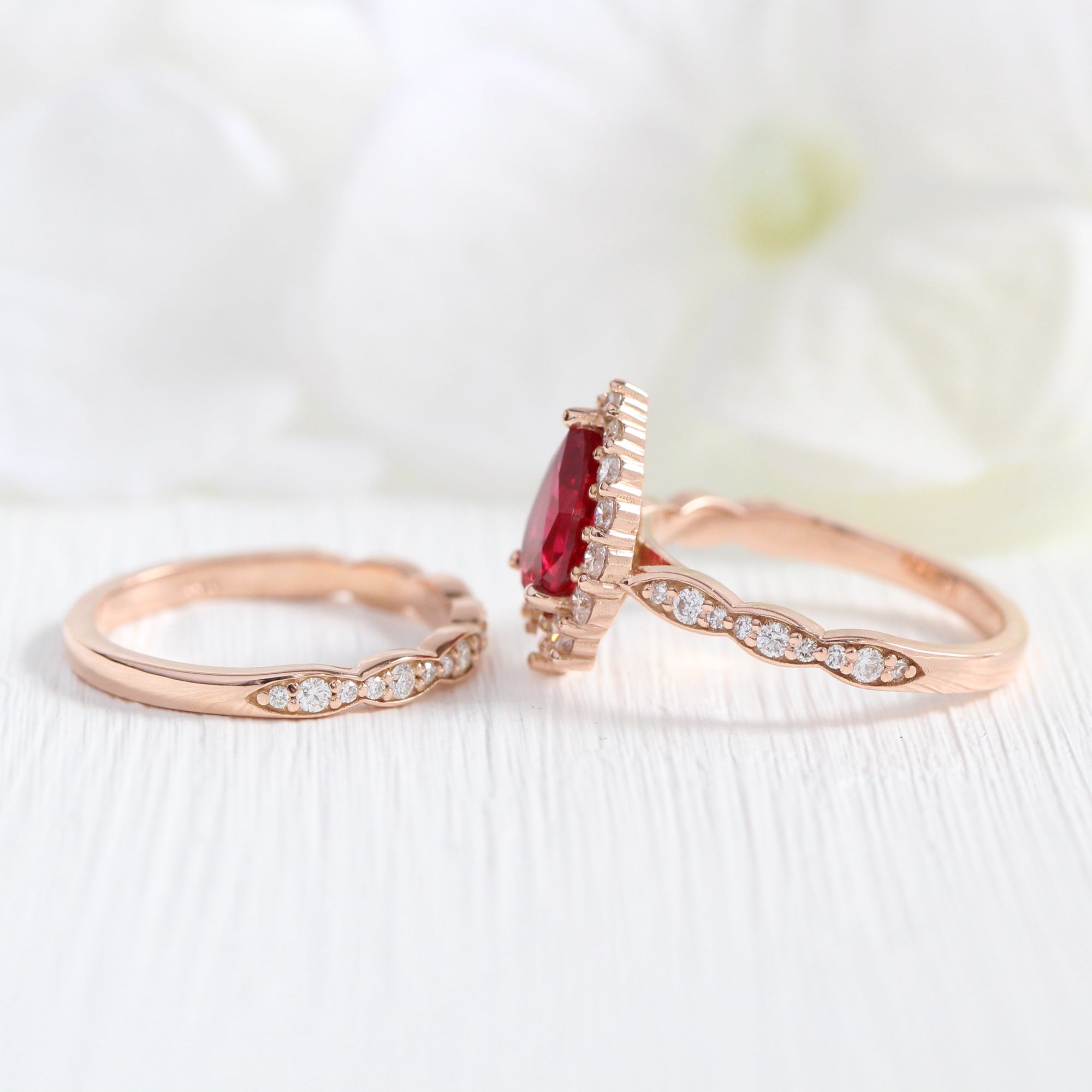 halo diamond large pear ruby ring stack rose gold eternity wedding band la more design jewelry