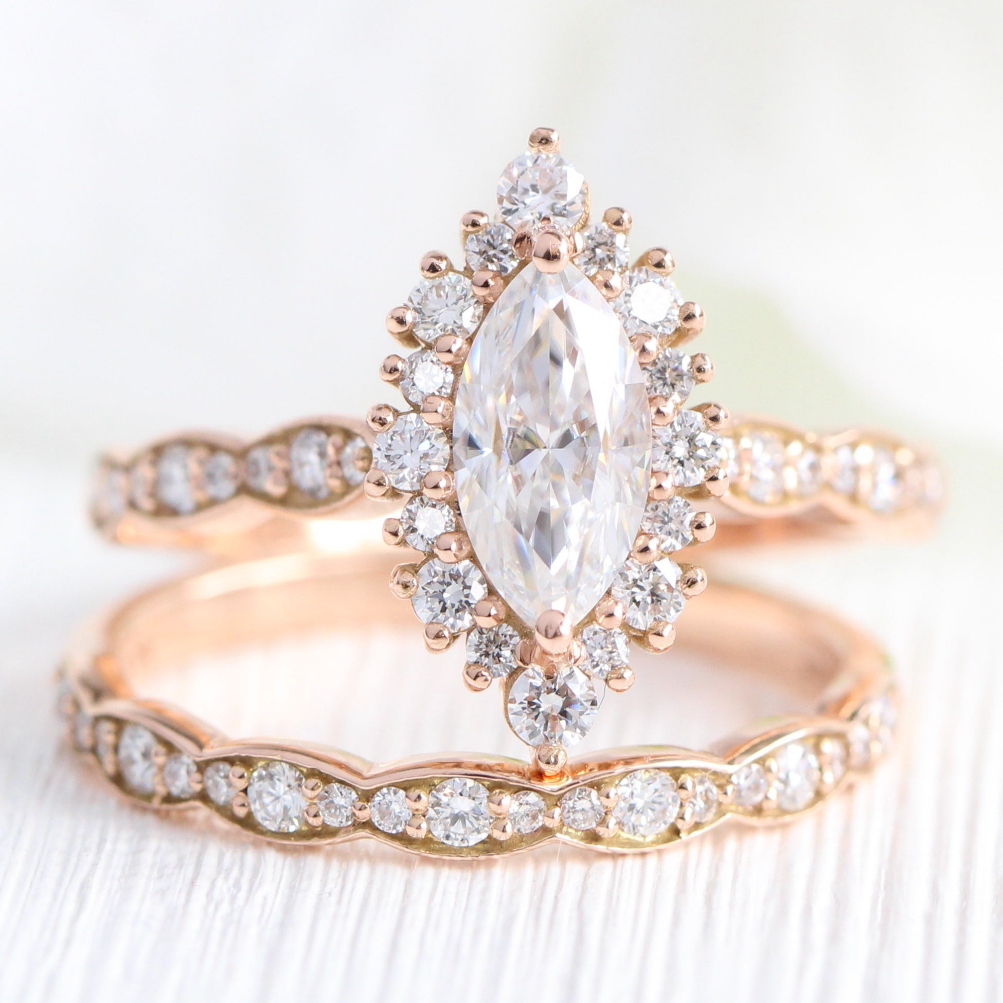 halo diamond marquise moissanite engagement ring rose gold scalloped wedding band bridal set la more design jewelry