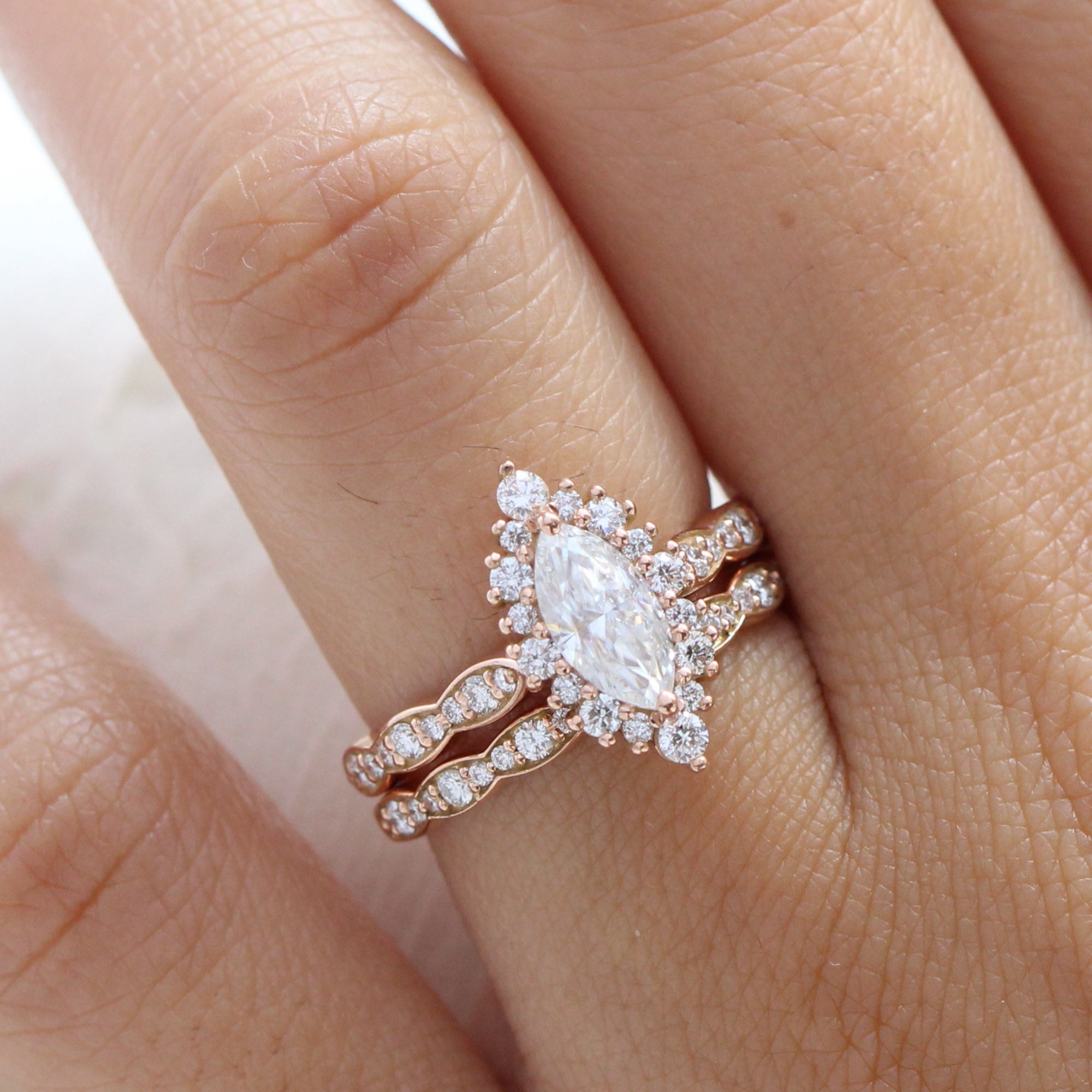 halo diamond marquise moissanite engagement ring rose gold scalloped wedding band bridal set la more design jewelry