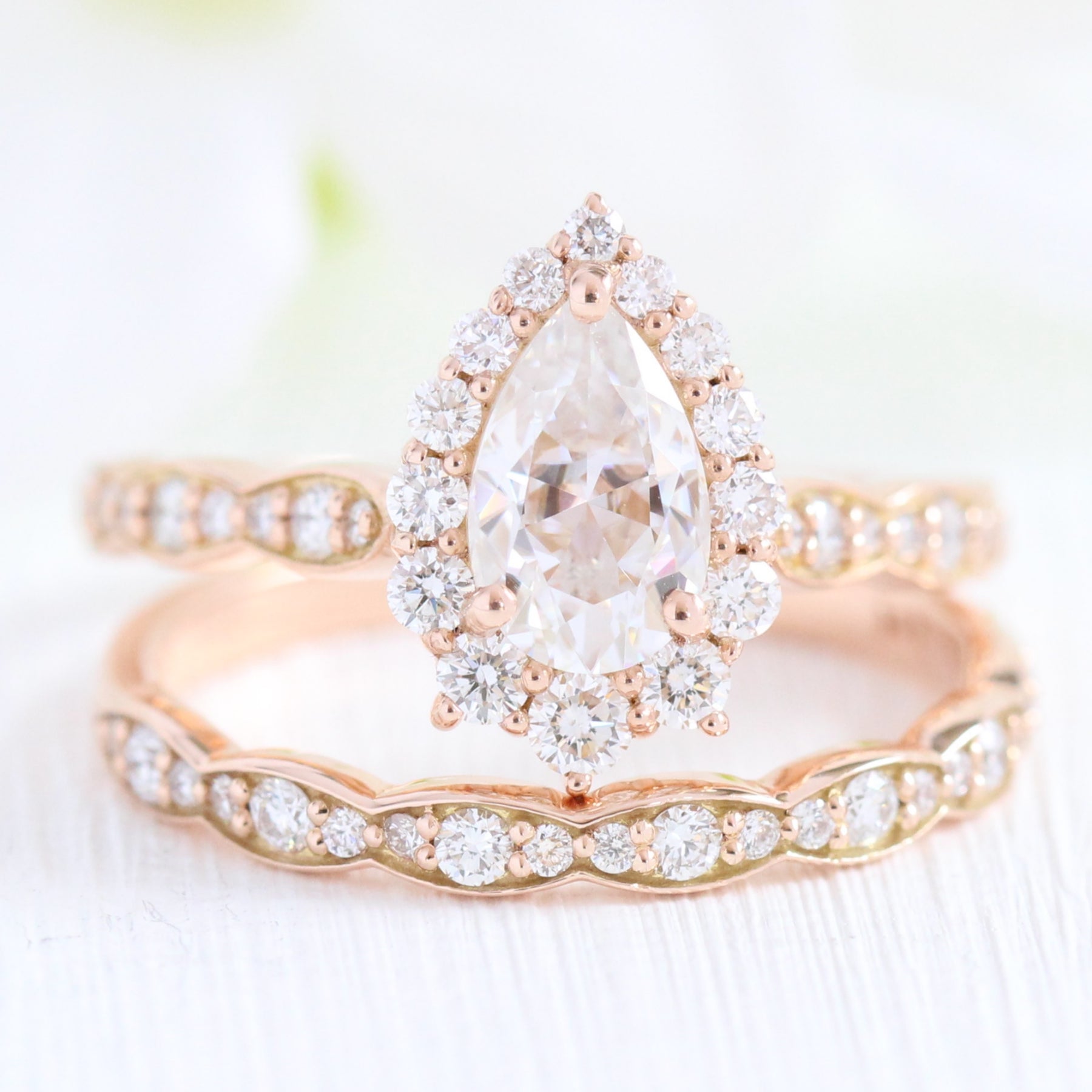 halo diamond pear moissanite engagement ring rose gold bridal set cluster ring la more design jewelry