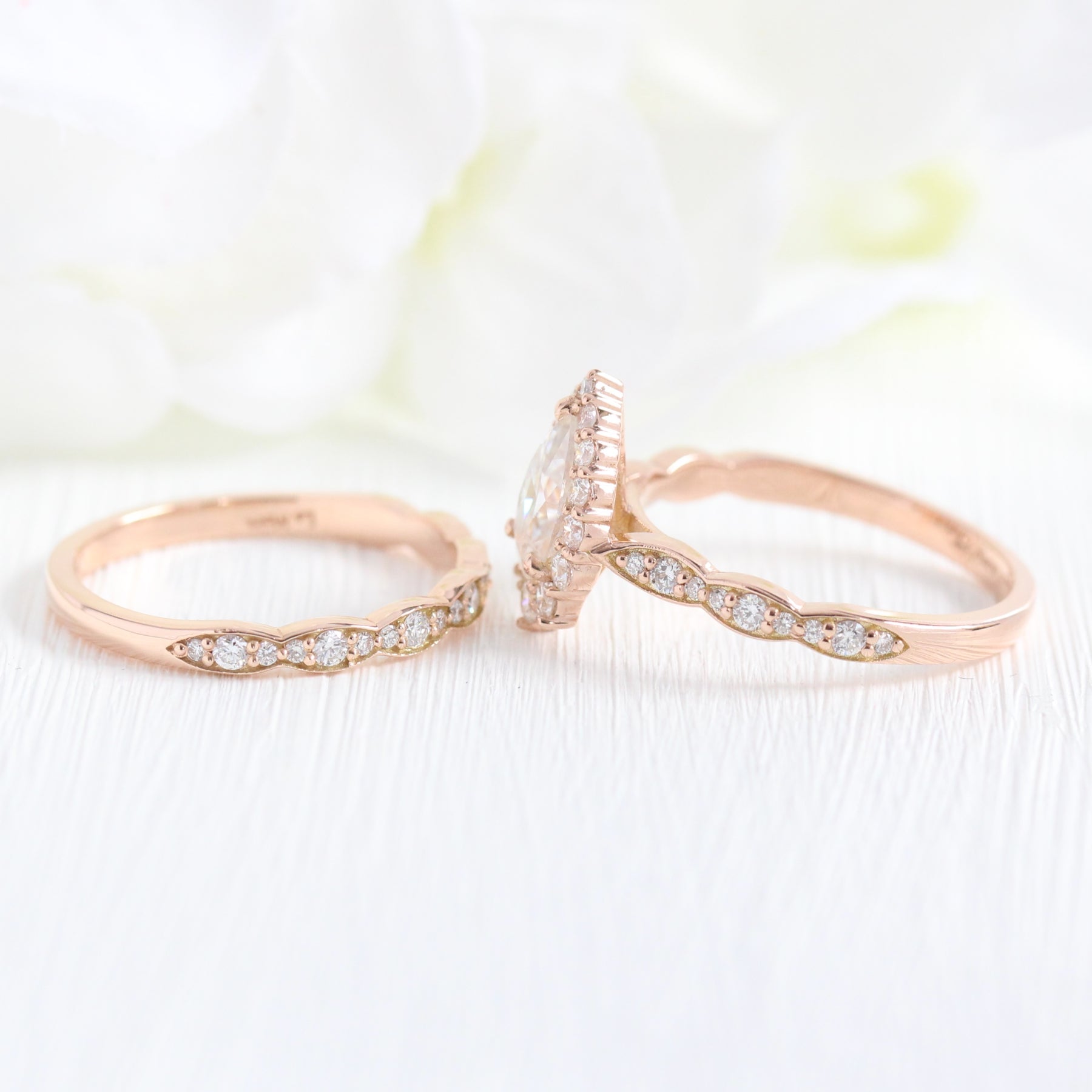 halo diamond pear moissanite engagement ring rose gold bridal set cluster ring la more design jewelry