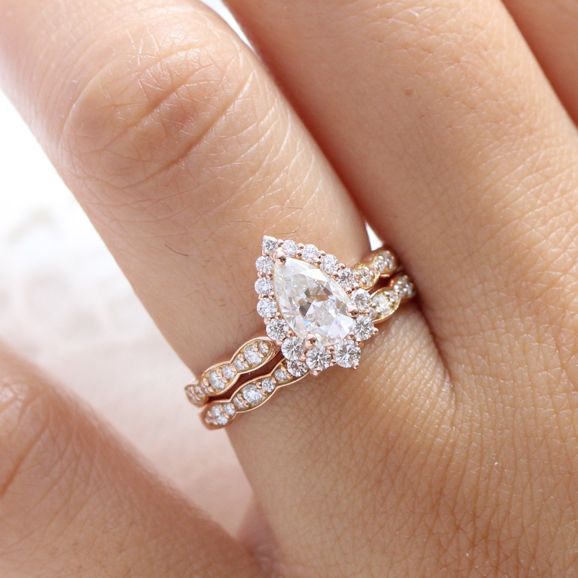 halo diamond pear moissanite engagement ring rose gold bridal set cluster ring la more design jewelry