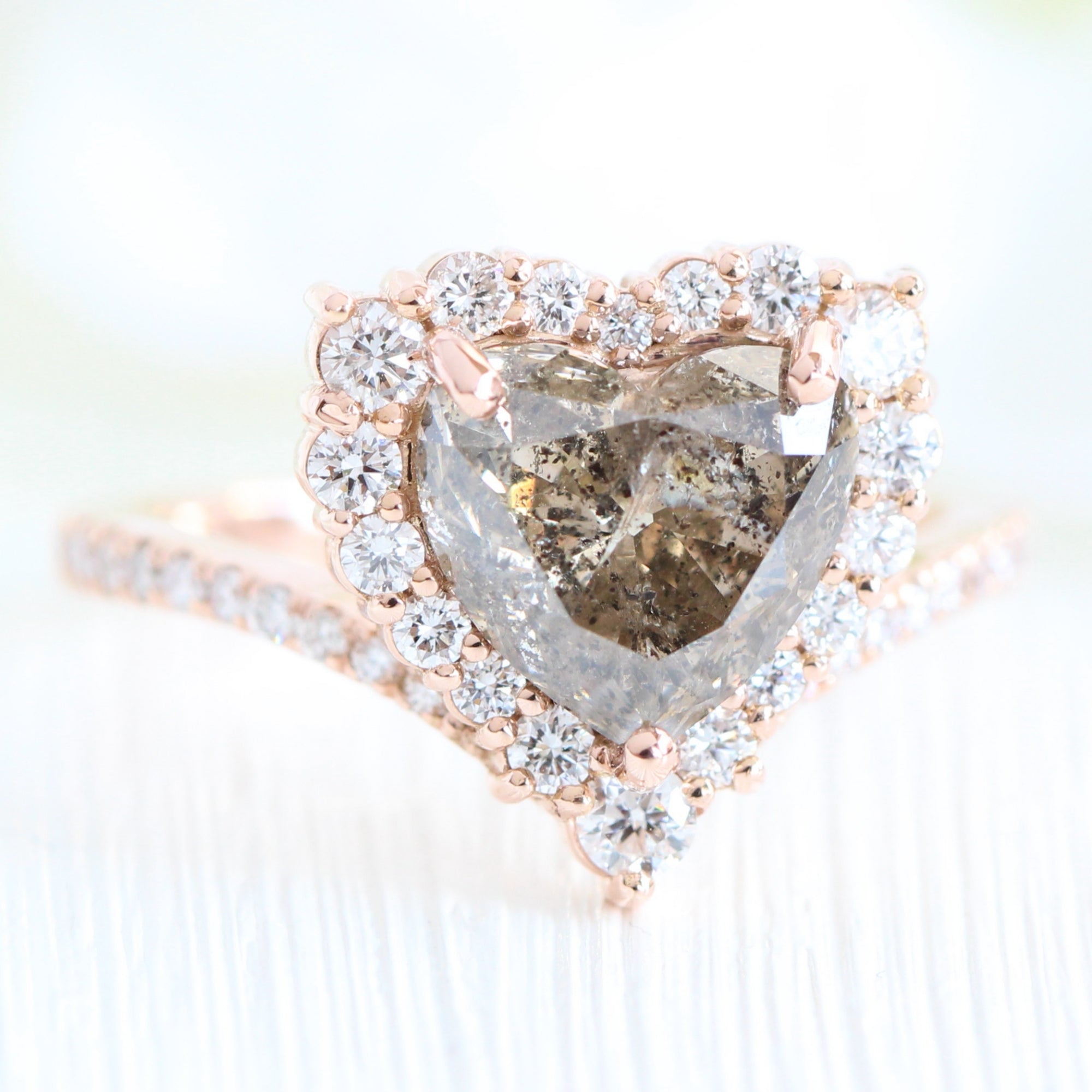 heart shaped diamond ring rose gold salt and pepper diamond halo ring la more design jewelry