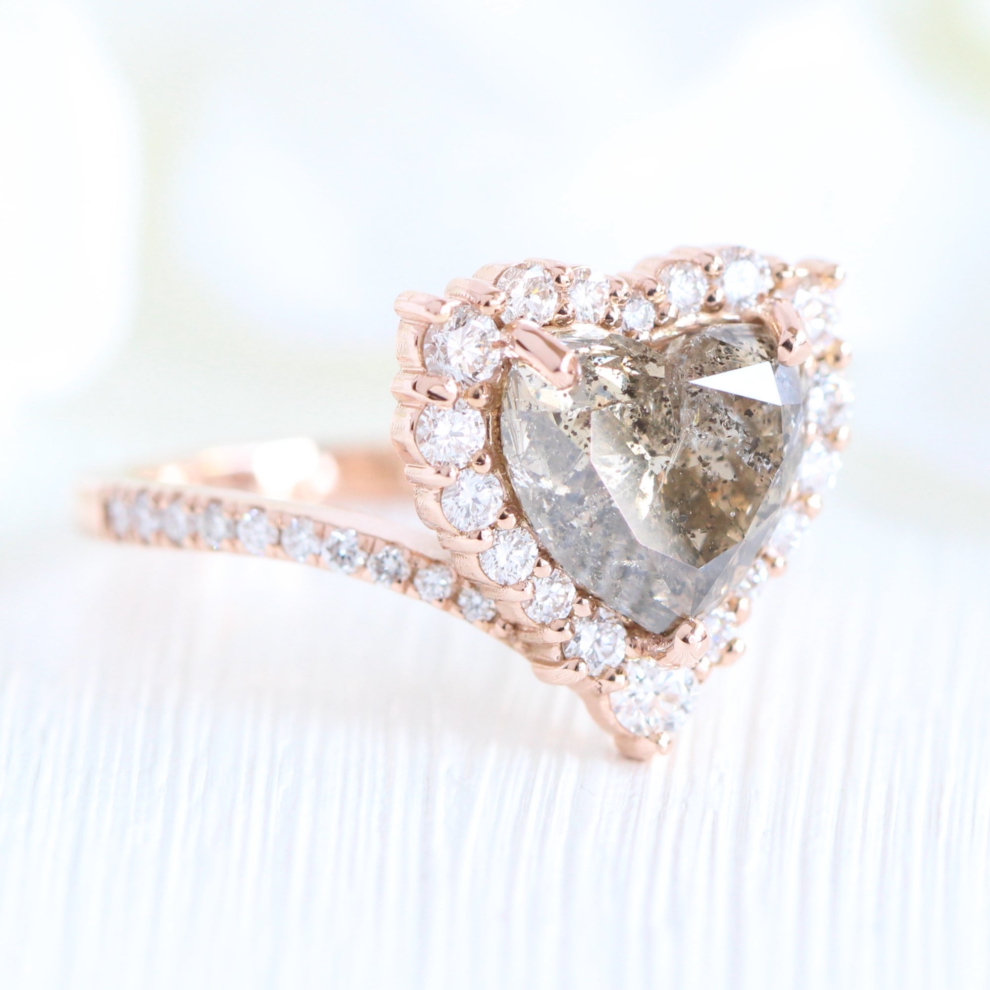 heart shaped diamond ring rose gold salt and pepper diamond halo ring la more design jewelry