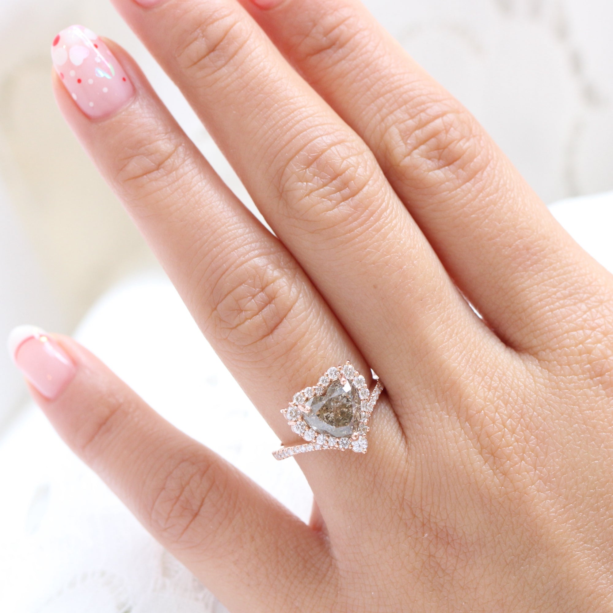 heart shaped diamond ring rose gold salt and pepper diamond halo ring la more design jewelry