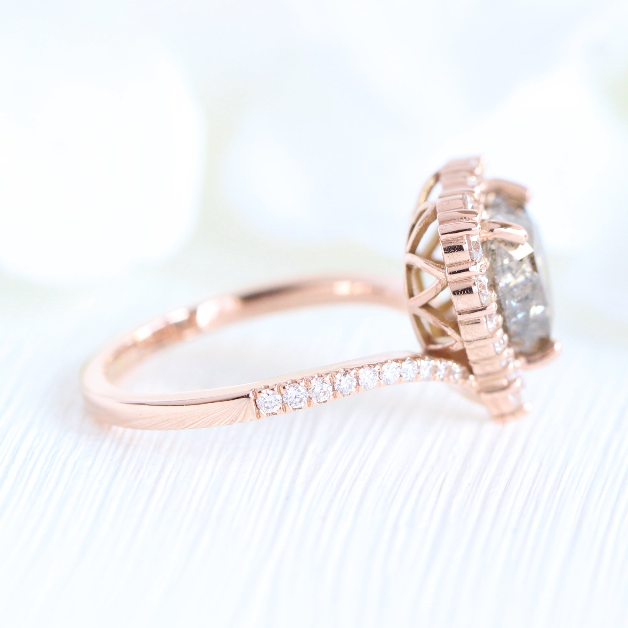 heart shaped diamond ring rose gold salt and pepper diamond halo ring la more design jewelry