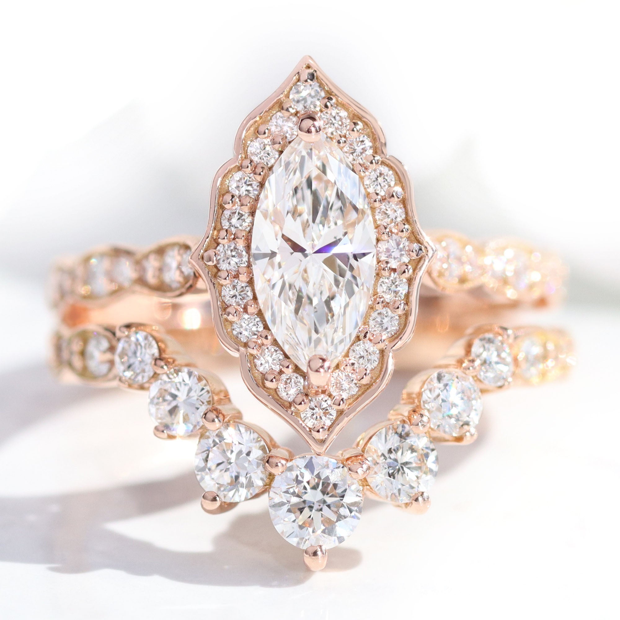 lab diamond ring bridal set rose gold vintage halo marquise diamond engagement ring La More Design Jewelry