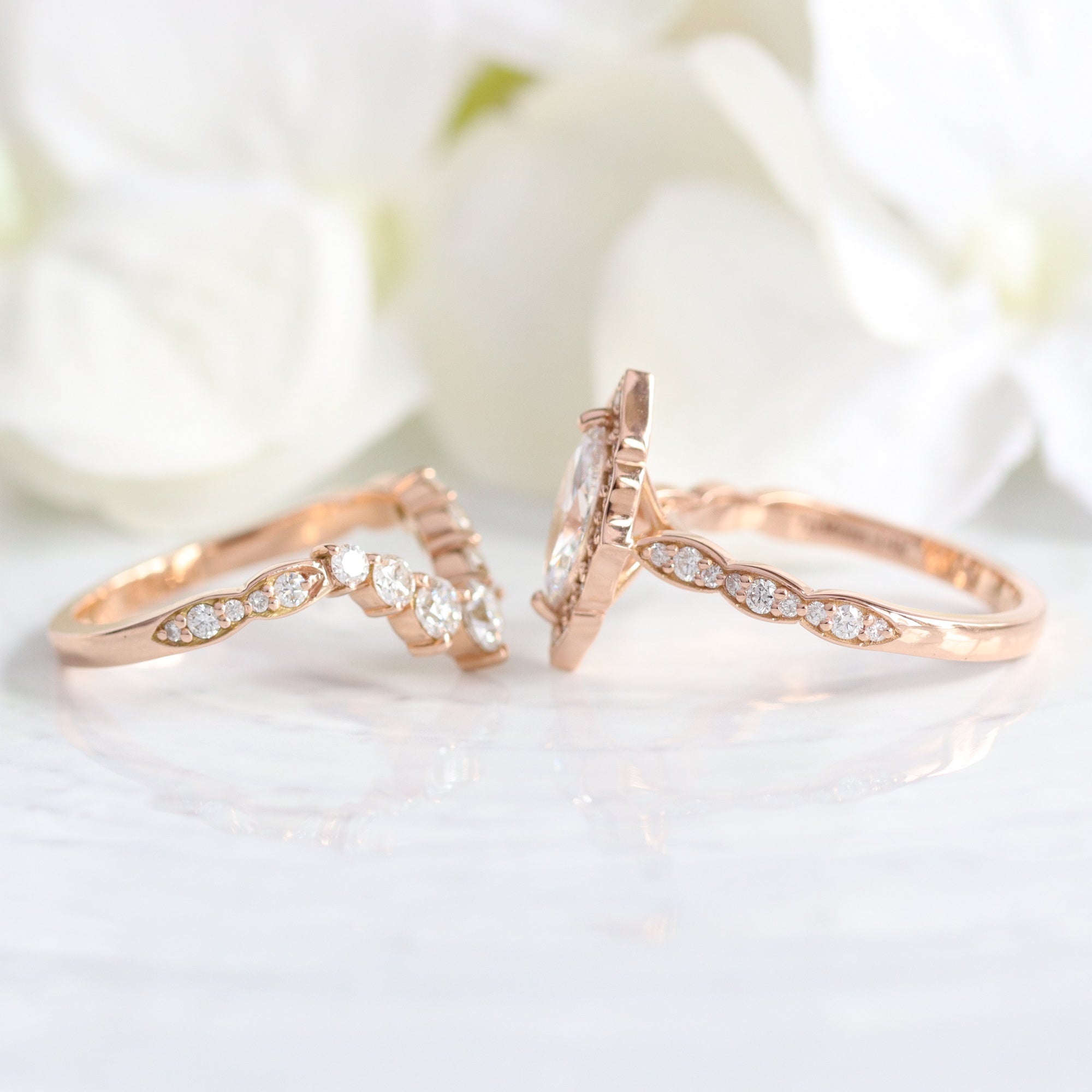 lab diamond ring bridal set rose gold halo marquise diamond engagement ring La More Design Jewelry