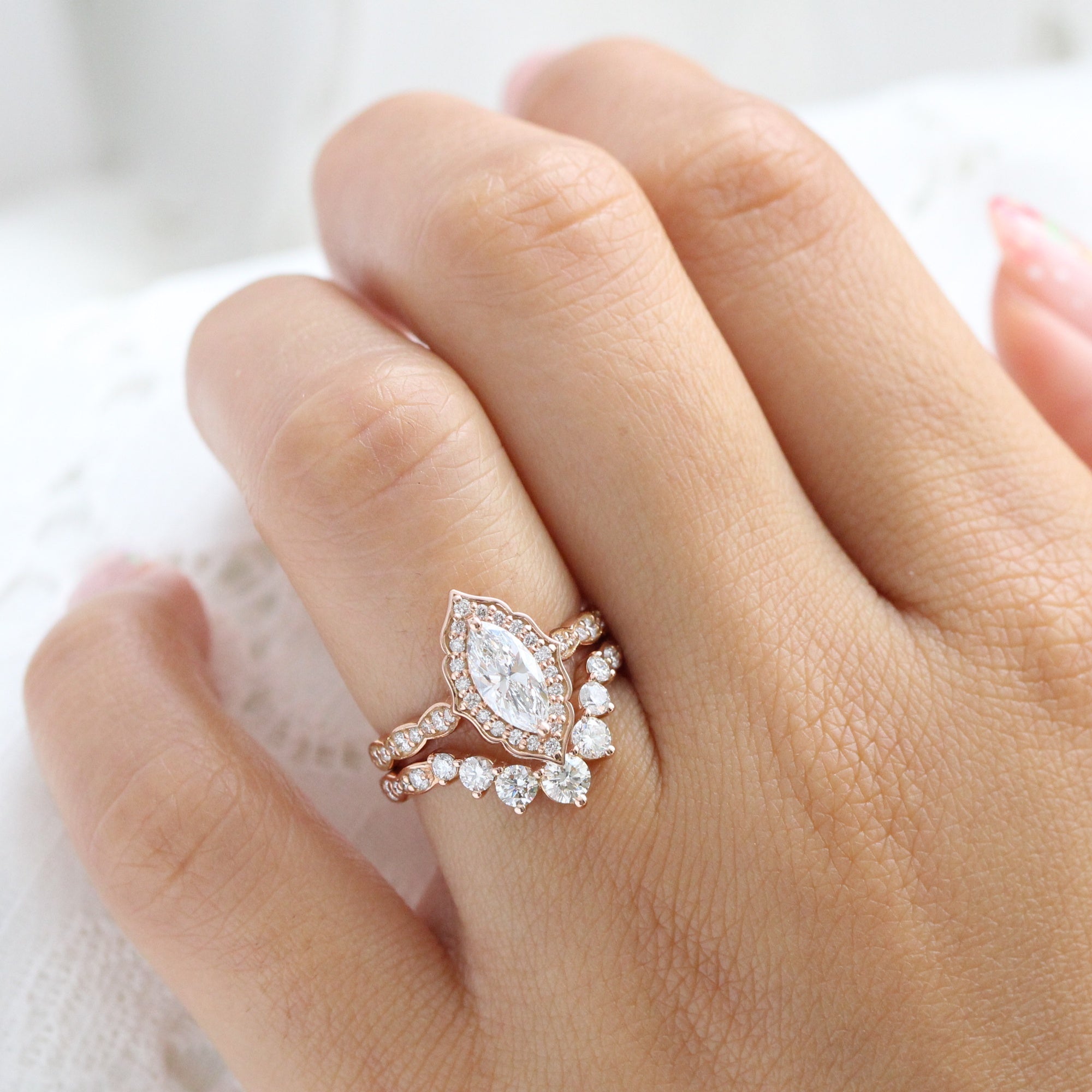 lab diamond ring bridal set rose gold halo marquise diamond engagement ring La More Design Jewelry