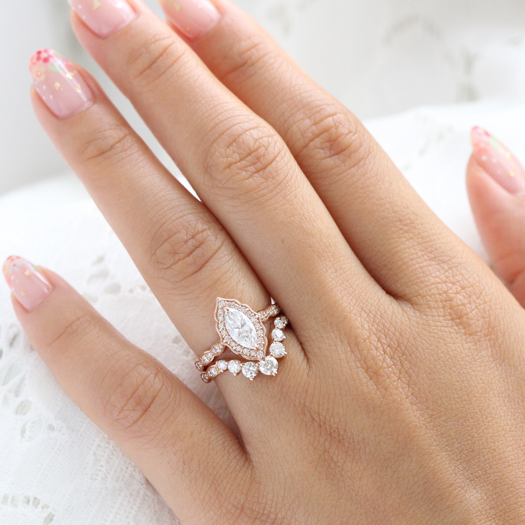 lab diamond ring bridal set rose gold halo marquise diamond engagement ring La More Design Jewelry