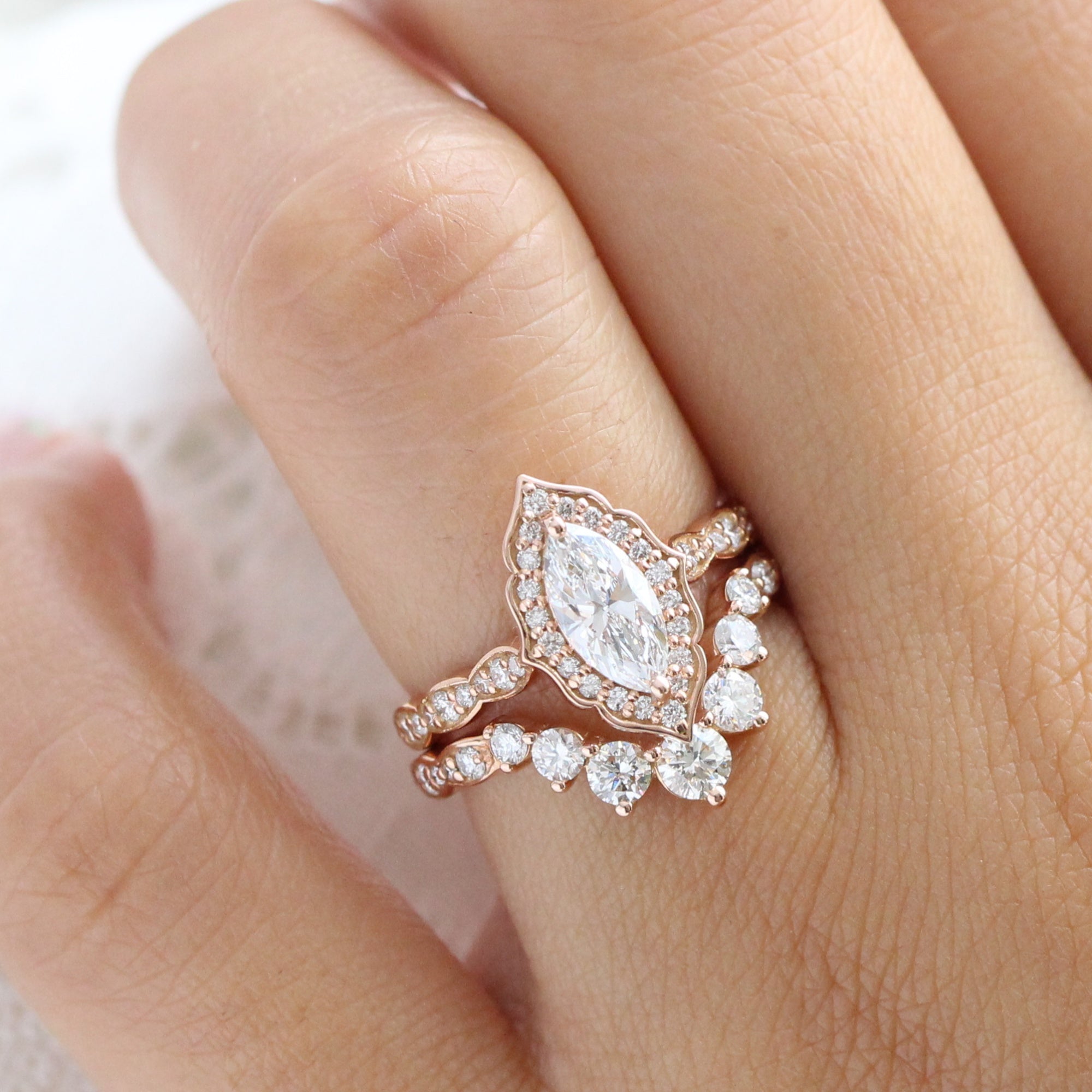 lab diamond ring bridal set rose gold halo marquise diamond engagement ring La More Design Jewelry