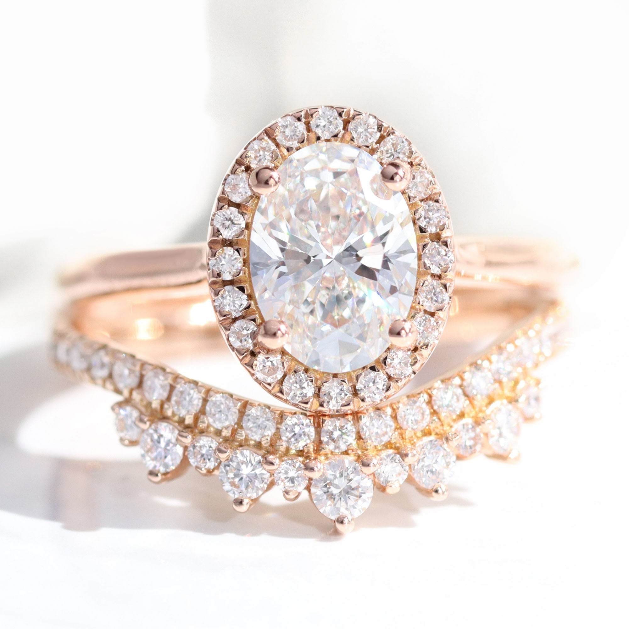 lab diamond ring bridal set rose gold halo oval diamond engagement ring La More Design Jewelry